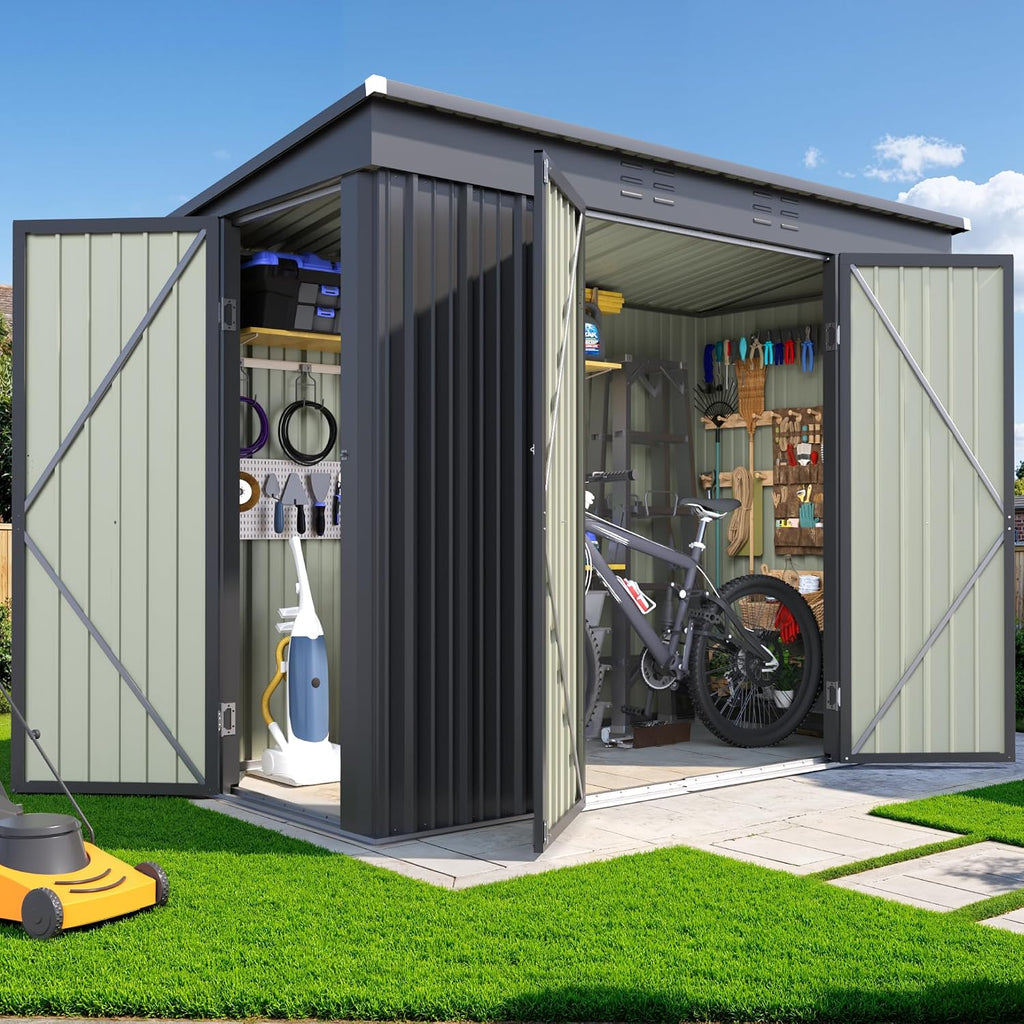 JUMMICO 8x4 FT Outdoor Storage Shed, Heavy Duty Tool Metal Sheds with 3 Lockable Doors and Updated Frame Structure for Backyard Patio Lawn, Black
