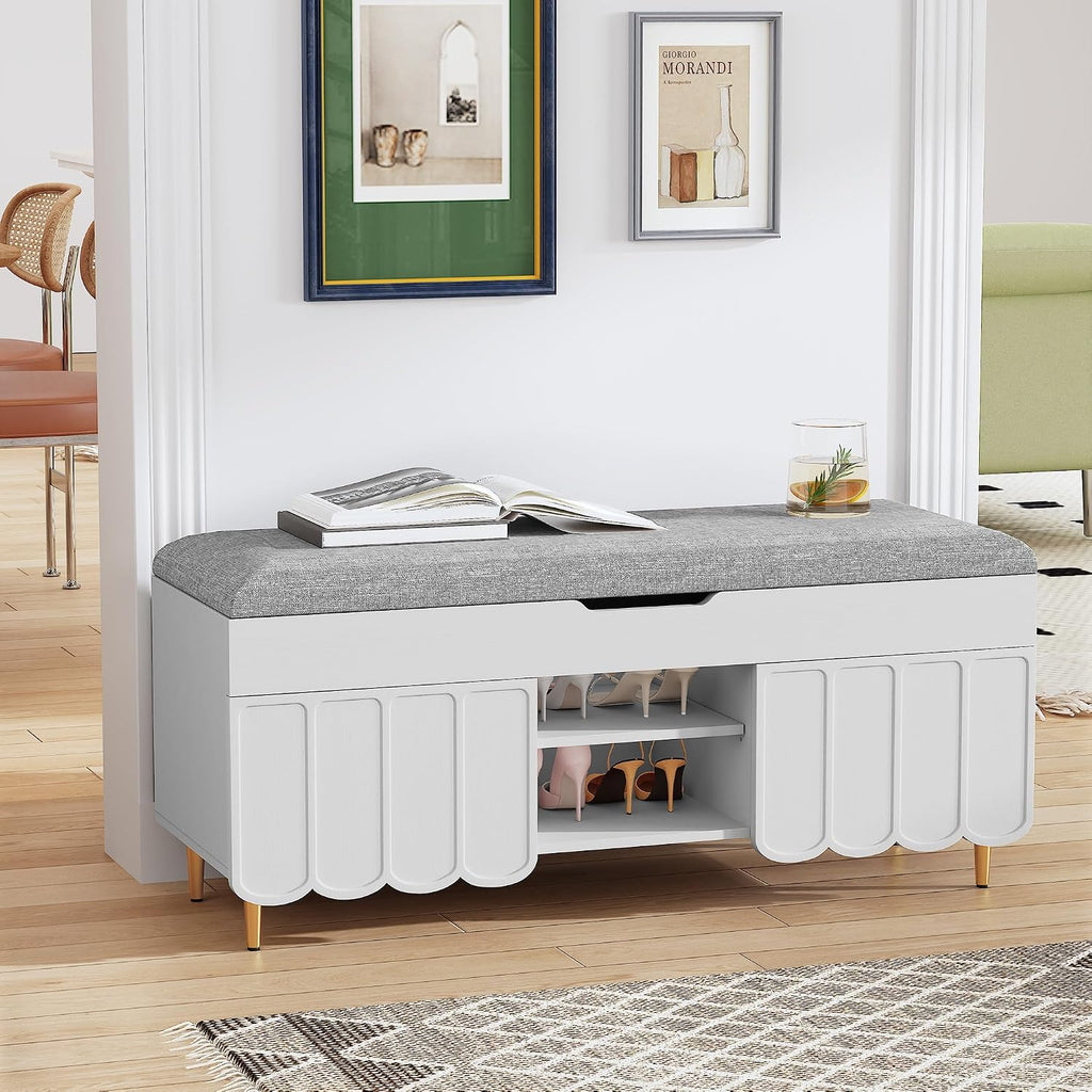 3More 40' Entryway Shoe Storage Bench,Upholstered Hidden Space Beneath Seat Cushion Bench,2-Tier Unique Geometric Shape with Wood Grain,White