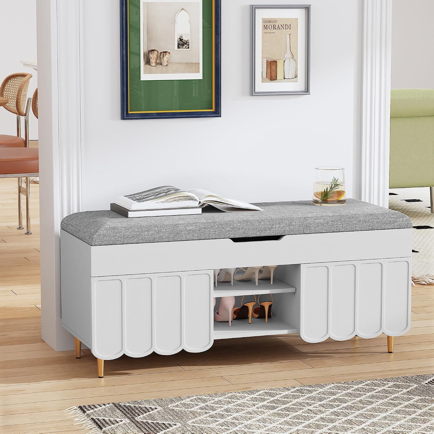 3More 40' Entryway Shoe Storage Bench,Upholstered Hidden Space Beneath Seat Cushion Bench,2-Tier Unique Geometric Shape with Wood Grain,White