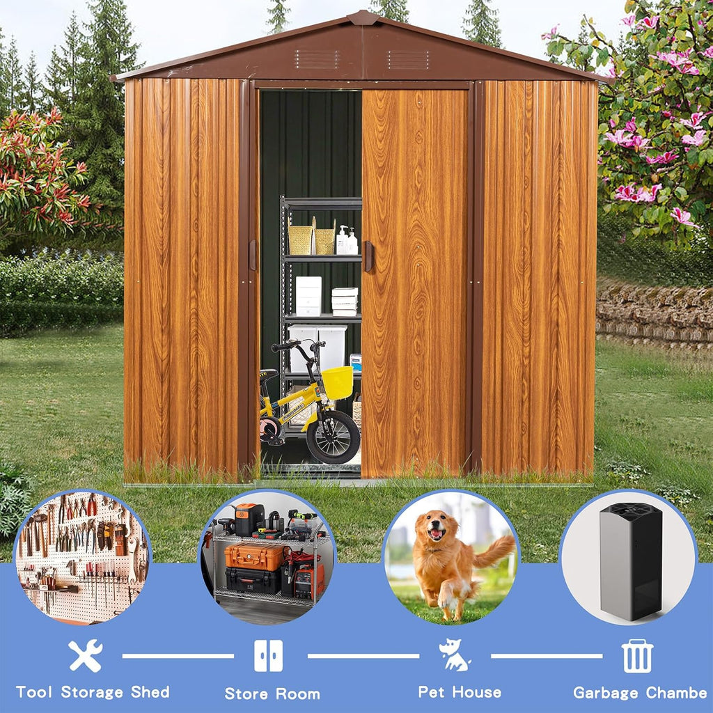 CHUNLY 6' x 5.5' Outdoor Metal Storage Shed with 2 Double Hinged Door & Floor Base, Tool Shed Woodgrain Outdoor Storage Lockable Garden Shed Storage Room for Patio Backyard Lawn Brown