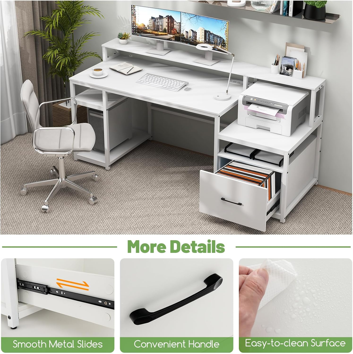 COSTWAY 66-inch Computer Desk with Power Outlet, Office Desk with Monitor Stand, Printer Shelf, File Drawer, CPU Stand, Modern Home Office Desk Computer Workstation, White