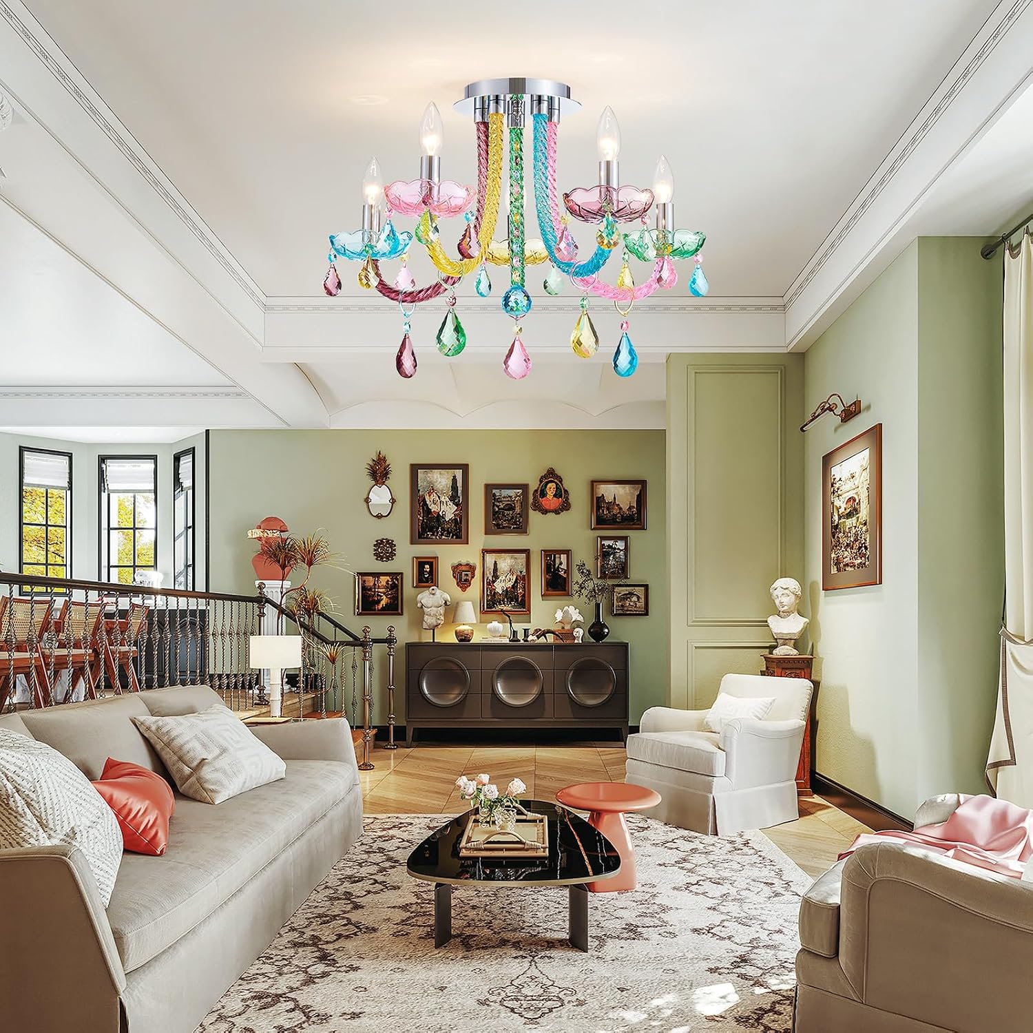 5-Light Children Candle Chandeliers, Modern Candy Design Flushmount Light Fixture for Bedroom, Dining Room, Kitchen, Bathroom, D22×H16 inch, Clear Rainbow Color Finish & K9 Crystal