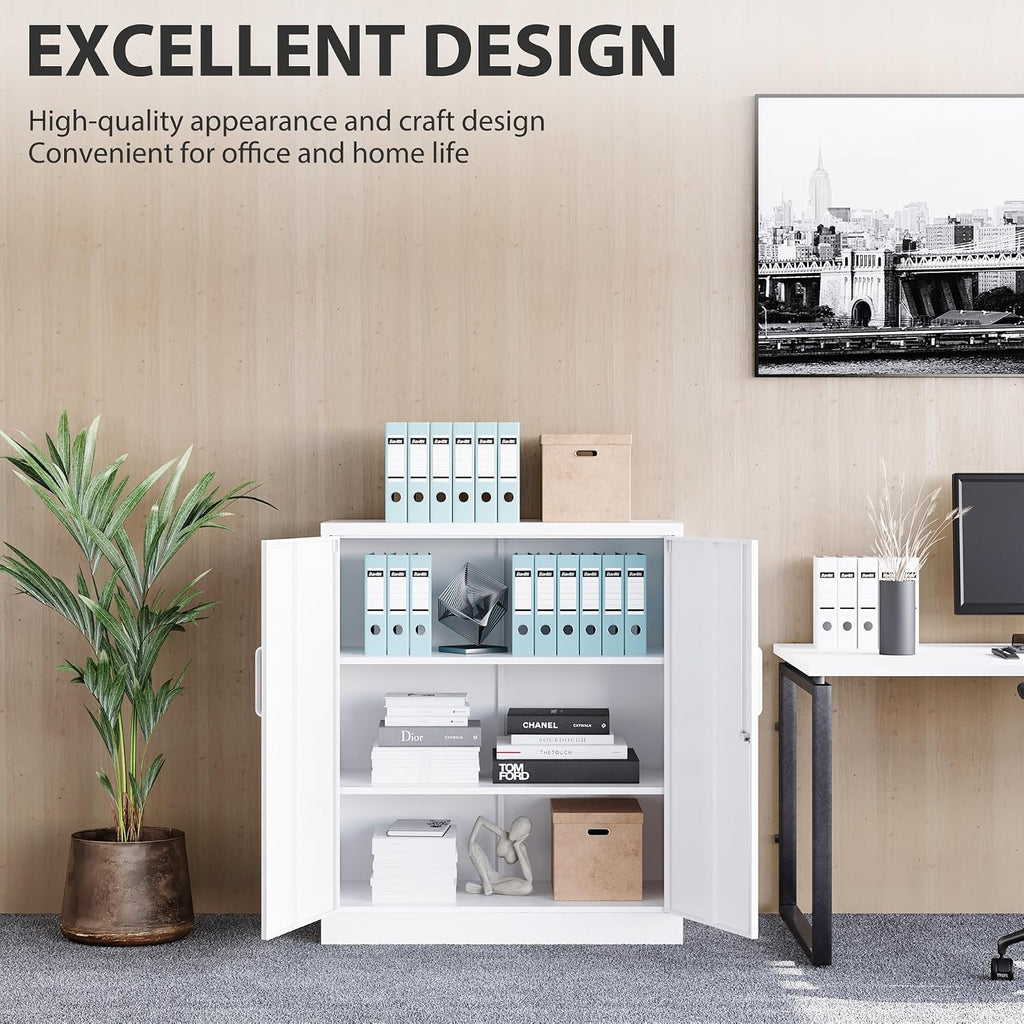 SISESOL White Metal Storage Cabinet with Doors and Shelves,36 inch Small Metal Cabinet with Lock,Short Garage Storage Cabinets,Locking Steel Cupboard for Home,Office,Kitchen,Garages
