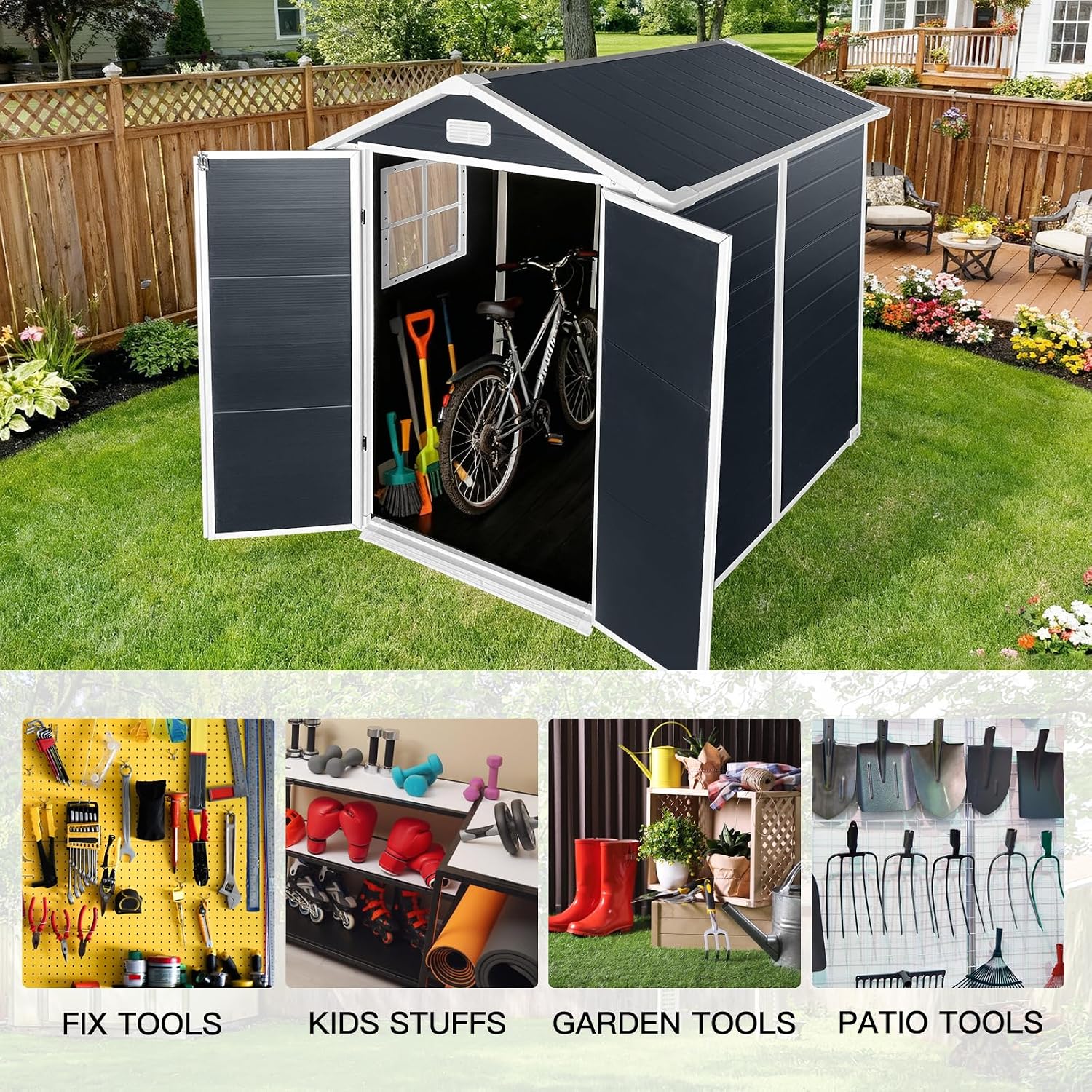 YOPTO 6x6 FT Storage Shed,Plastic Outdoor Storage Shed with Floor and Lockable Door,Waterproof Garden Shed W/Windows & Vents,Sloped Roof,Tool House for Storing Bicycles,Lawnmowers,Cold Grey