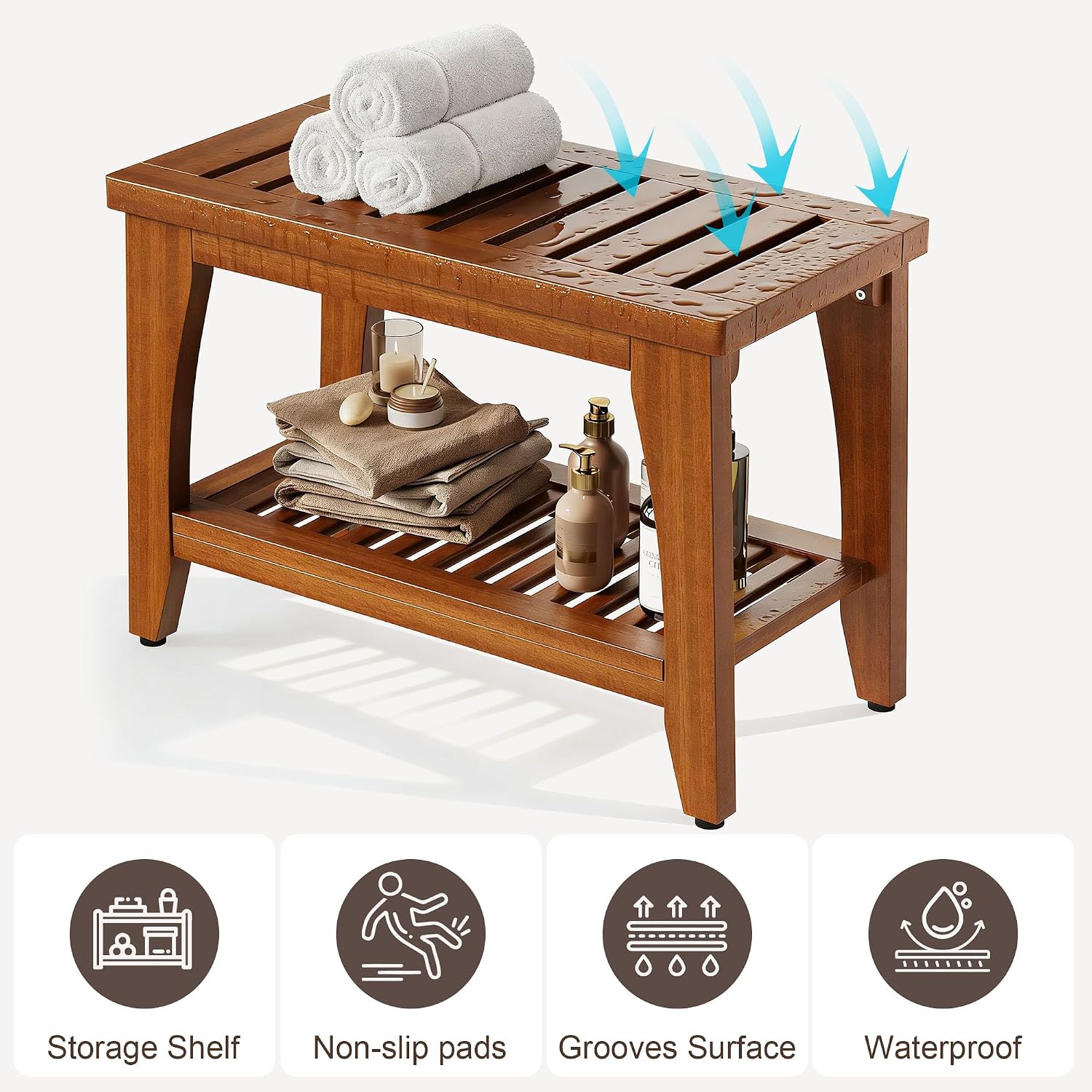 24' Premium Solid Teak Shower Bench with Storage Shelf - 400 lbs Capacity, Waterproof & Non-Slip Seat for Bathroom, Poolside, Spa