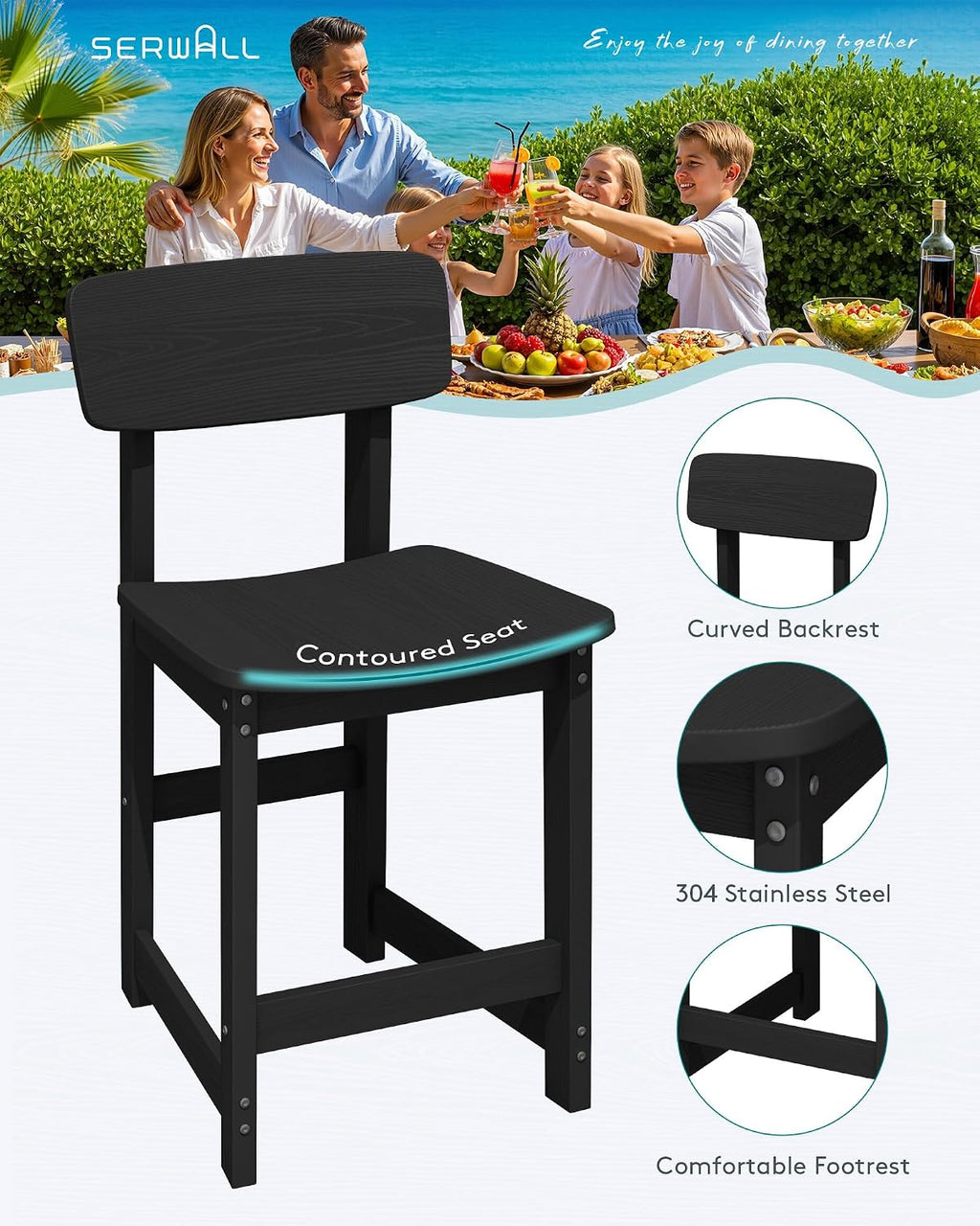 SERWALL Outdoor Bar Stools Set of 2, All Weather HDPE 25' Counter Height Bar Stools with Back, Outdoor Armless Barstools for Patio, Garden, Backyard, Balcony, Poolside, Black
