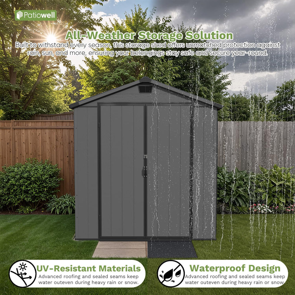 Patiowell 6X4 FT Plastic Outdoor Storage Shed with Floor, Resin Outside Tool Sheds with Window and Lockable Door for Backyard, Garden, Tool Storage Usage, Easy to Install, Dark Grey