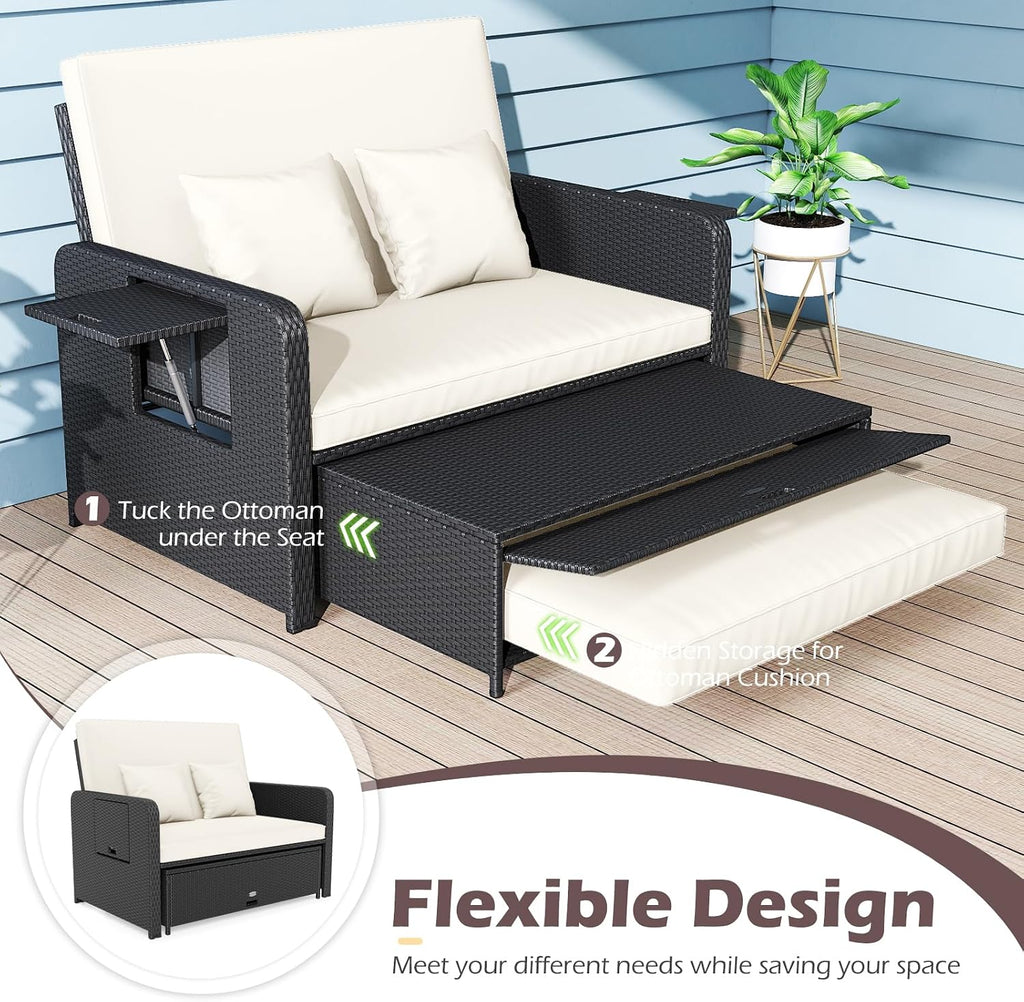 COSTWAY Patio Rattan Daybed with Cushions, Outdoor Wicker Loveseat Sofa with Storage Ottoman, 4-Level Adjustable Backrest, Bed Lounger for Yard, Balcony, Porch, Garden, Pool (Black+White)
