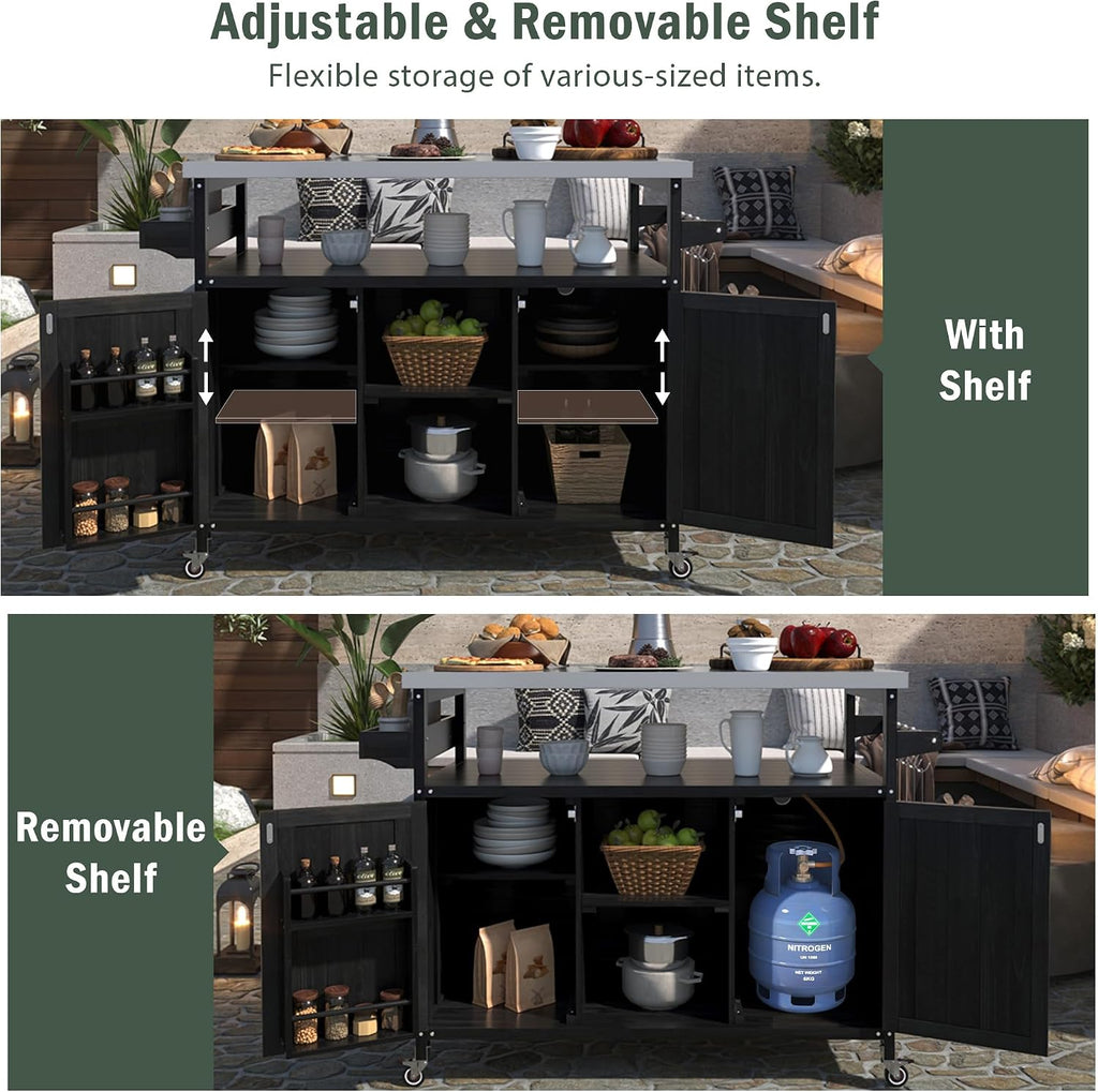 50.25 Outdoor Kitchen Island, Rolling Bar Cart & Storage Cabinet, Farmhouse Solid Wood Outdoor Grill Table with Stainless Steel Top, Spice Rack, Towel Rack for Kitchen & BBQ, Black