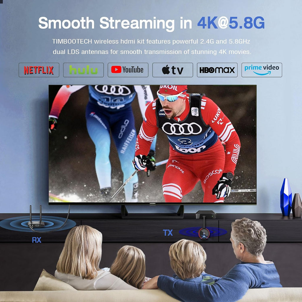 TIMBOOTECH Wireless HDMI Transmitter Receiver 4K- 5.8G Multiple Extender Transmission Stable Video & Movie, Plug & Play, Support HDMI & VGA Dual Screens, Wireless Laptop to TV 165FT/50M