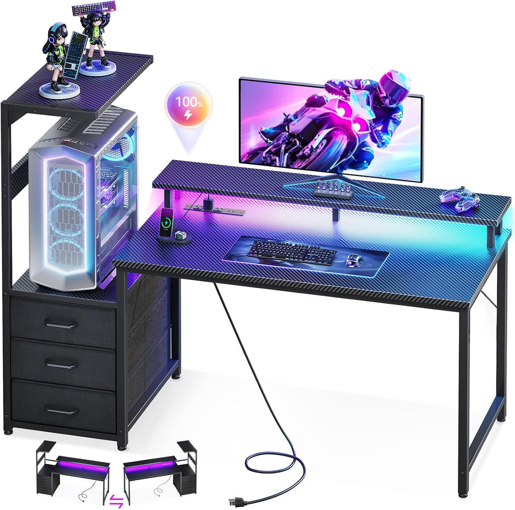Casaottima 52 Inch Gaming Desk with USB Charging Ports & LED Light - Reversible Computer Desk with 3 Fabric Drawers, Monitor Stand, CPU Stand, Modern Office Desk, Black