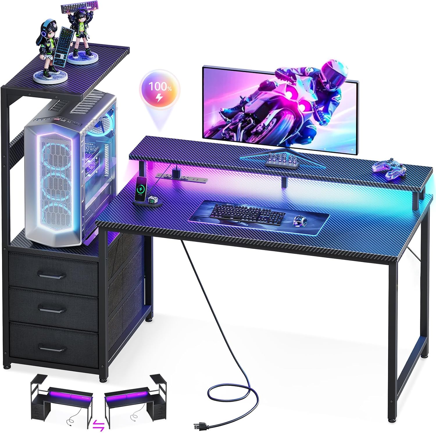 Casaottima 52 Inch Gaming Desk with USB Charging Ports & LED Light - Reversible Computer Desk with 3 Fabric Drawers, Monitor Stand, CPU Stand, Modern Office Desk, Black