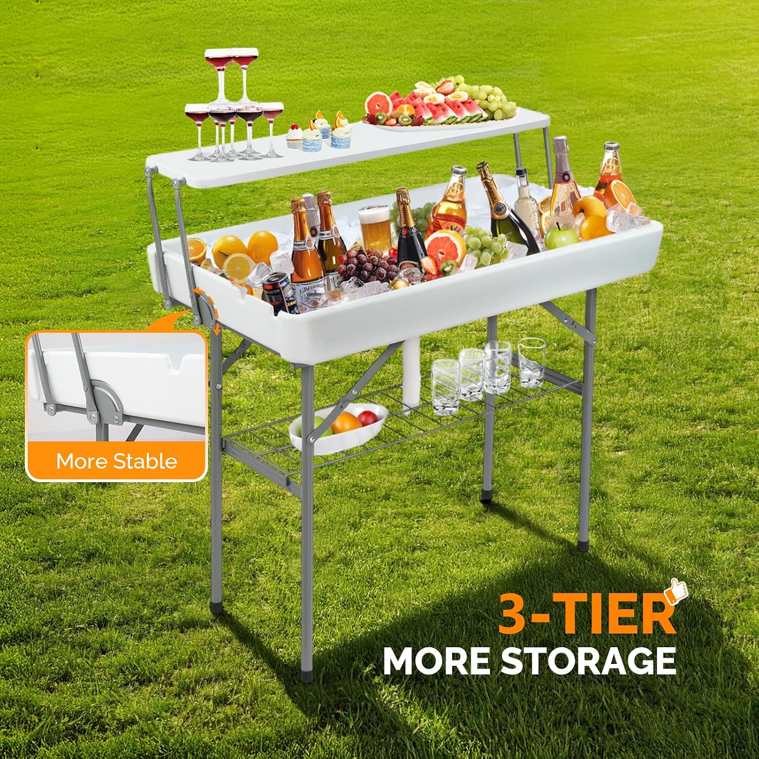 VINGLI Ice Table with Extra Storage Shelf, Portasble Cooler Side Table with Removable Skirt, Patio Table, Indoor & Outdoor Bar for Events, Parties and Camping