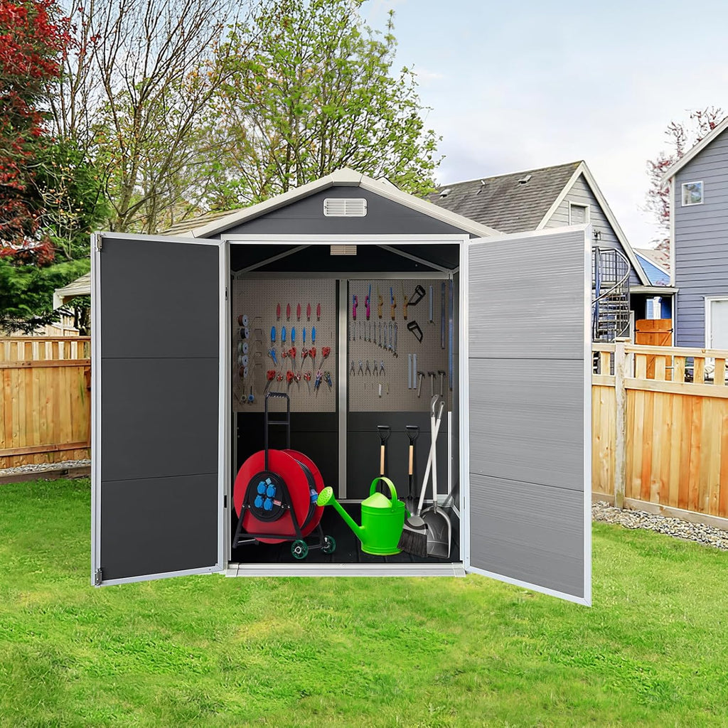YOPTO 6x4 FT Plastic Storage Shed,Outdoor Storage Shed with Floor and Lockable Door,Waterproof Garden Shed W/Windows & Vents,Sloped Roof,Tool House for Storing Bicycles,Lawnmowers,Gray