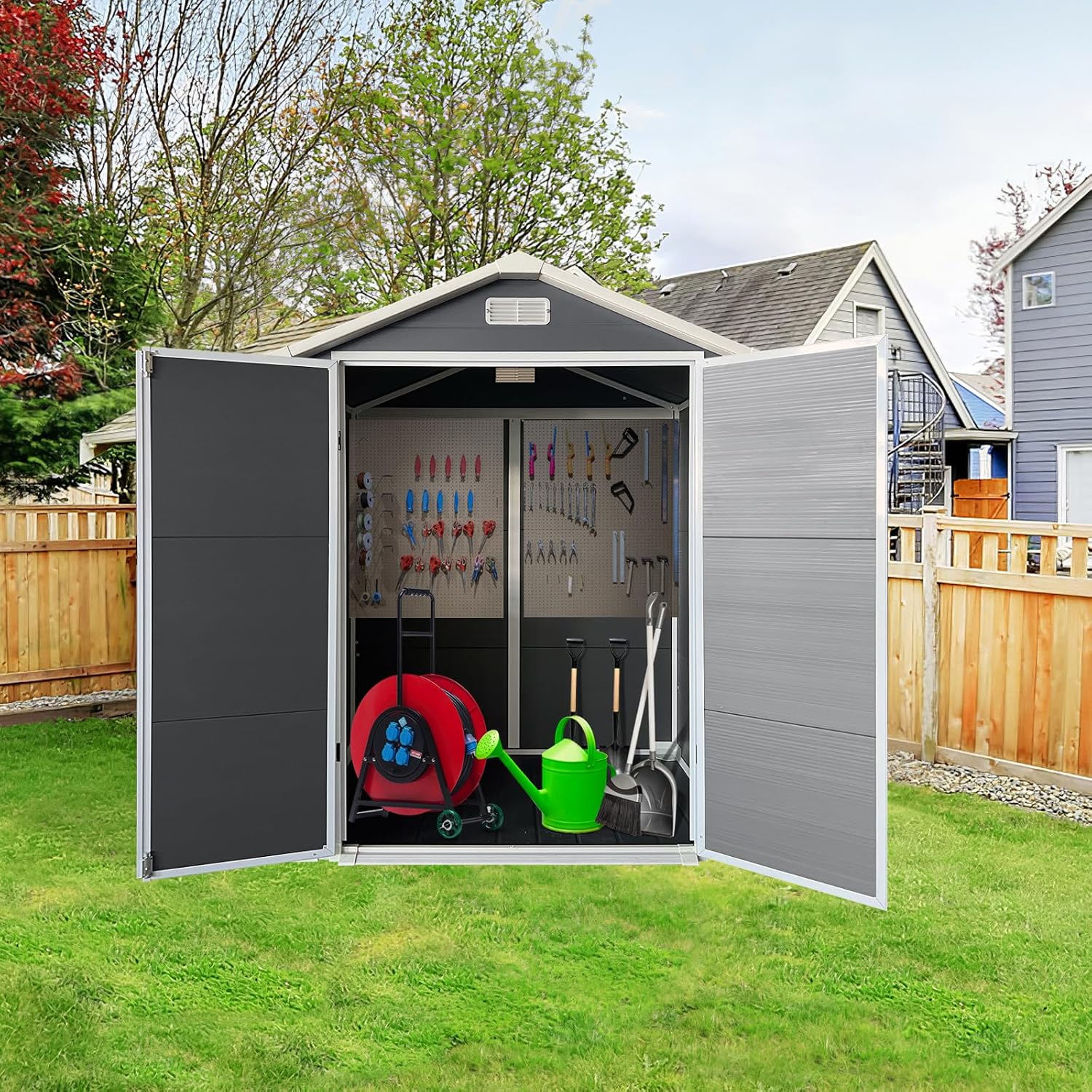 YOPTO 6x4 FT Plastic Storage Shed,Outdoor Storage Shed with Floor and Lockable Door,Waterproof Garden Shed W/Windows & Vents,Sloped Roof,Tool House for Storing Bicycles,Lawnmowers,Gray