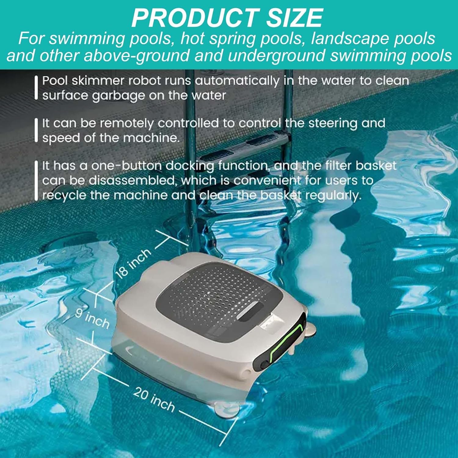 Automatic Pool Cleaner Robotic, Swimming Pool Cleaning Filter, Cordless Floating Skimmer,for Above Ground Pools Up to 2000 Sq.Ft