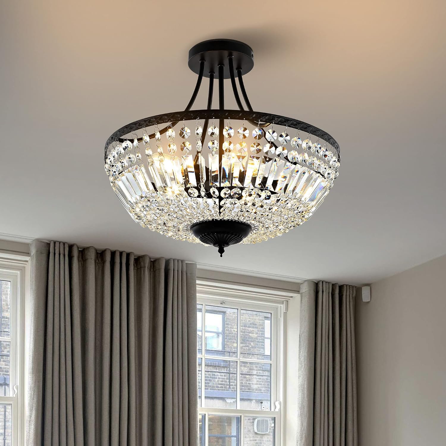 WINGBO 19.5 Inch Crystal Ceiling Light Fixture, 5-Light Raindrop Semi Flush Mount Chandelier, Modern Round Close to Ceiling Hanging Light for Living Room Dining Room Bedroom Hallway, Black