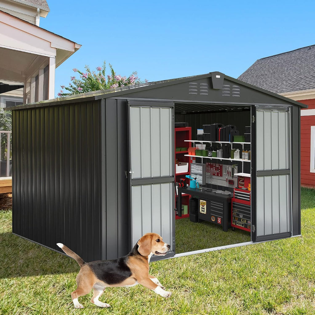 Domi Outdoor Storage Shed 10'x 8', Metal Garden Shed for Bike, Trash Can, Tools, Lawn Mowers, Pool Toys, Galvanized Steel Outdoor Storage Cabinet with Lockable Door for Backyard, Patio, Lawn