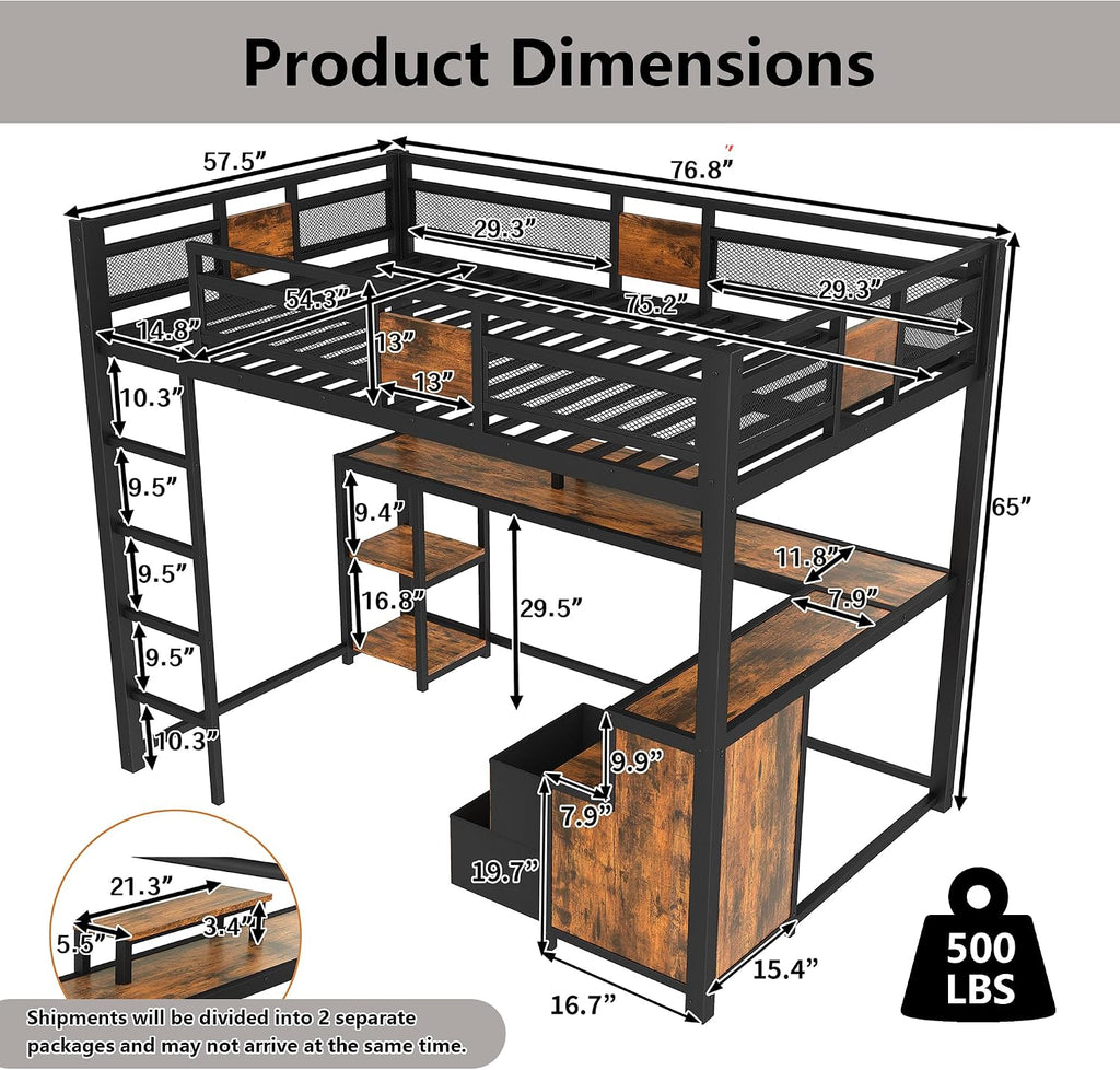Bellemave Full Loft Bed with Storage Drawers and L-Shaped Desk, Metal Loft Bed Frame with Computer Monitor Stand, Hang Rod, and Multi-Function Shelves, Loftbed with Noise-Free Design, Black