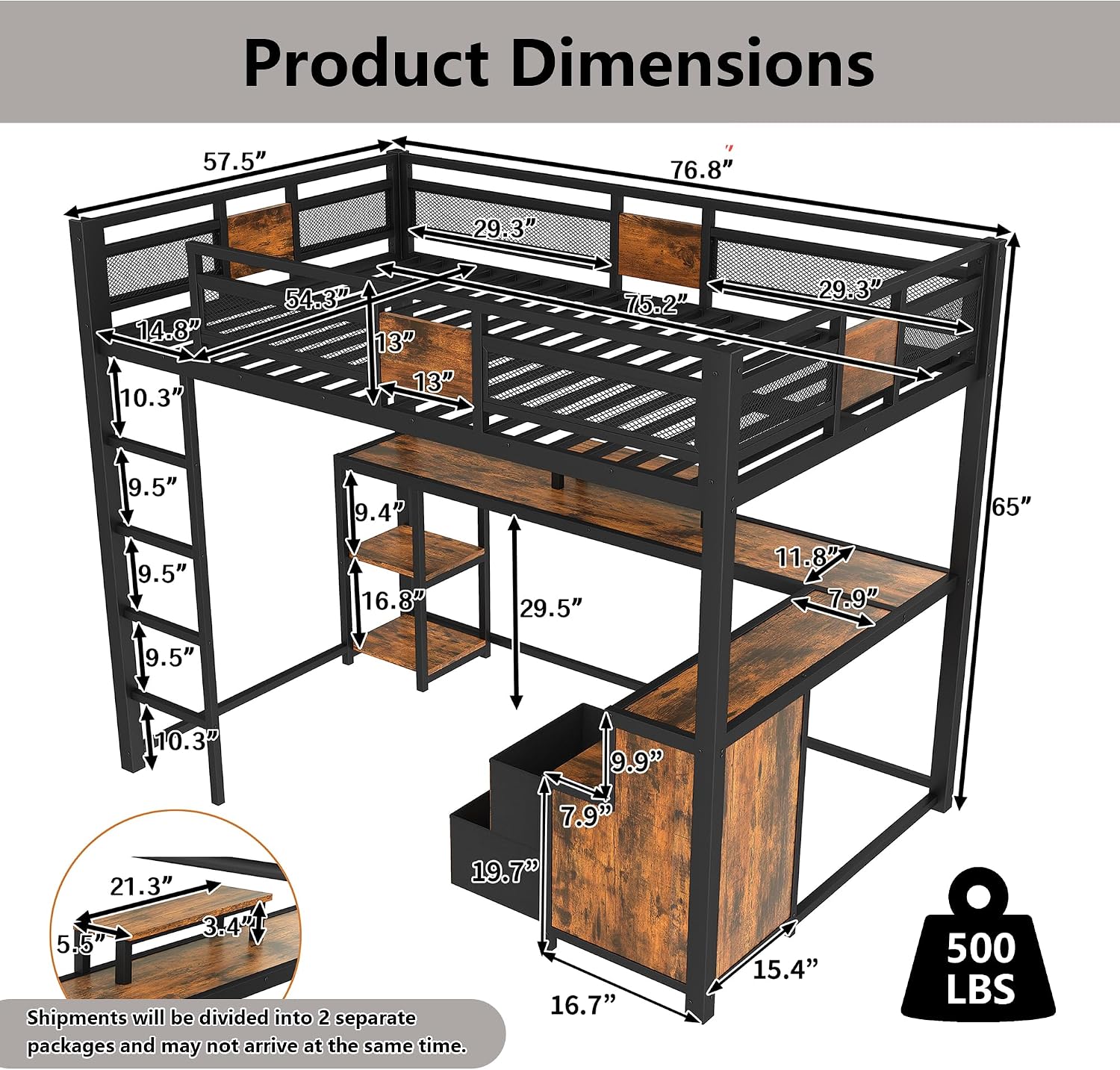 Bellemave Full Loft Bed with Storage Drawers and L-Shaped Desk, Metal Loft Bed Frame with Computer Monitor Stand, Hang Rod, and Multi-Function Shelves, Loftbed with Noise-Free Design, Black