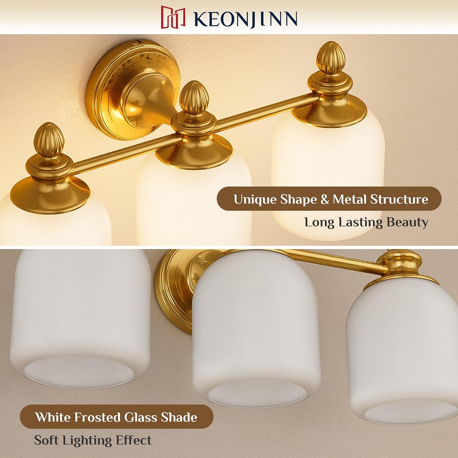 Keonjinn Gold Bathroom Light Fixtures, 4-Light Vintage Vanity Lights for Mirror with Frosted Glass Shades, UL Listed E26 Base(Bulbs Not Included), Reversible Vanity Lighting Fixtures for Bathroom