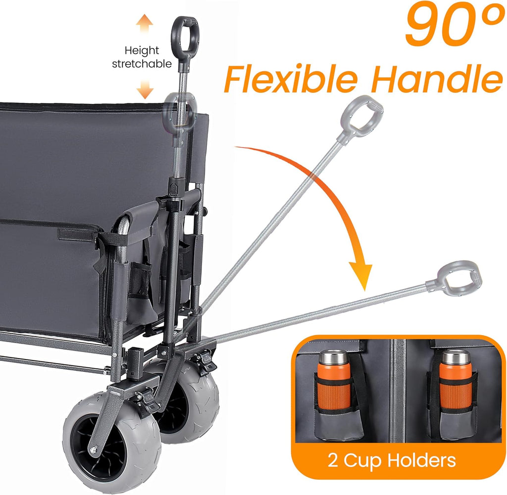 3-in-1 Folding Wagon with Bench Seat – 500lbs Capacity,Reinforced Carbon Steel Frame, 180L Cargo Space– Perfect for Camping, Beach, Outdoor Events & Heavy-Duty Hauling (Gray + Cup Holder)