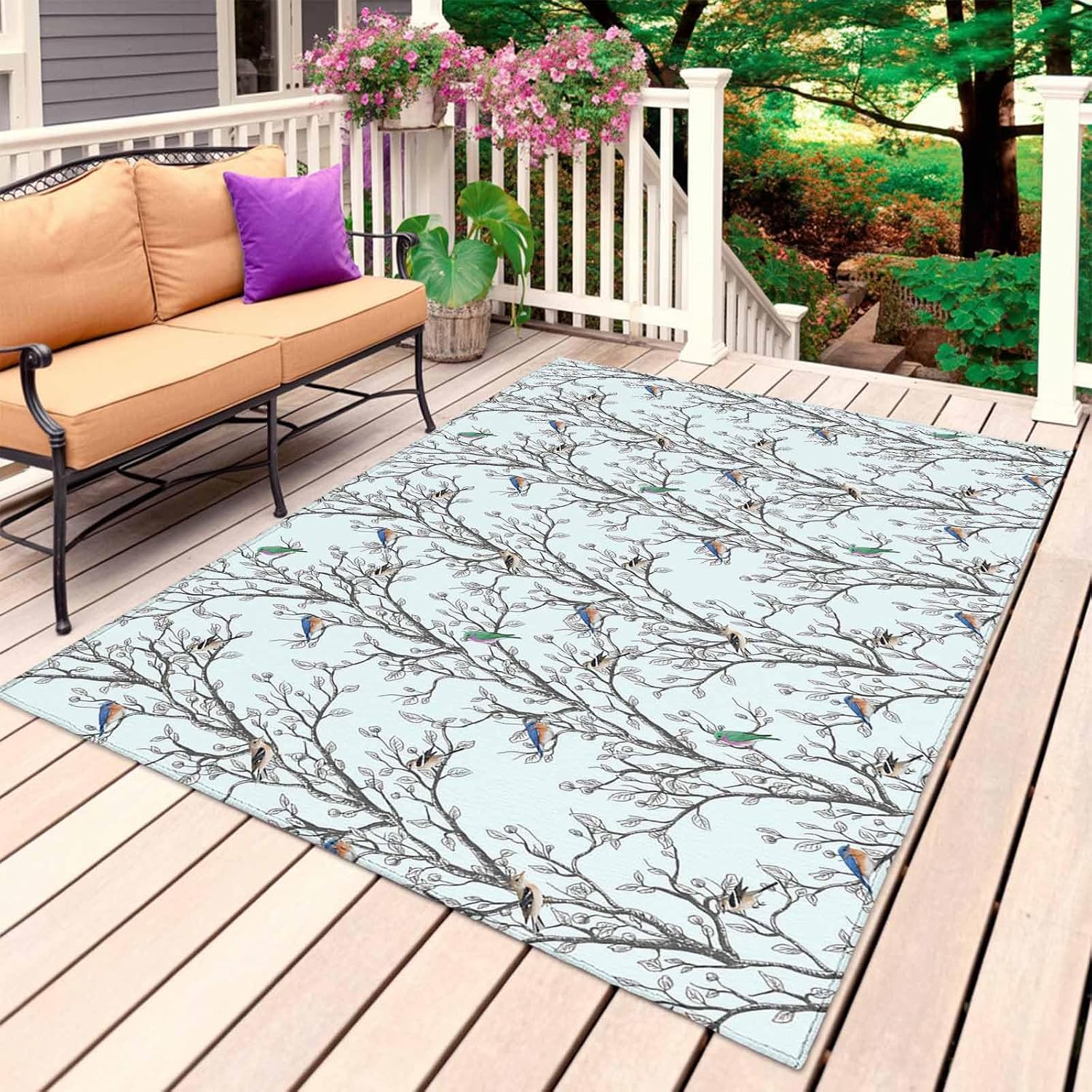 Natural Trees Branches Outdoor Rug for Patio/Deck/Porch, Non-Slip Large Area Rug 4 x 6 Ft, Colored Birds Vintage Rustic Blue Indoor Outdoor Rugs Washable Area Rugs, Camping Rug Carpet Runner