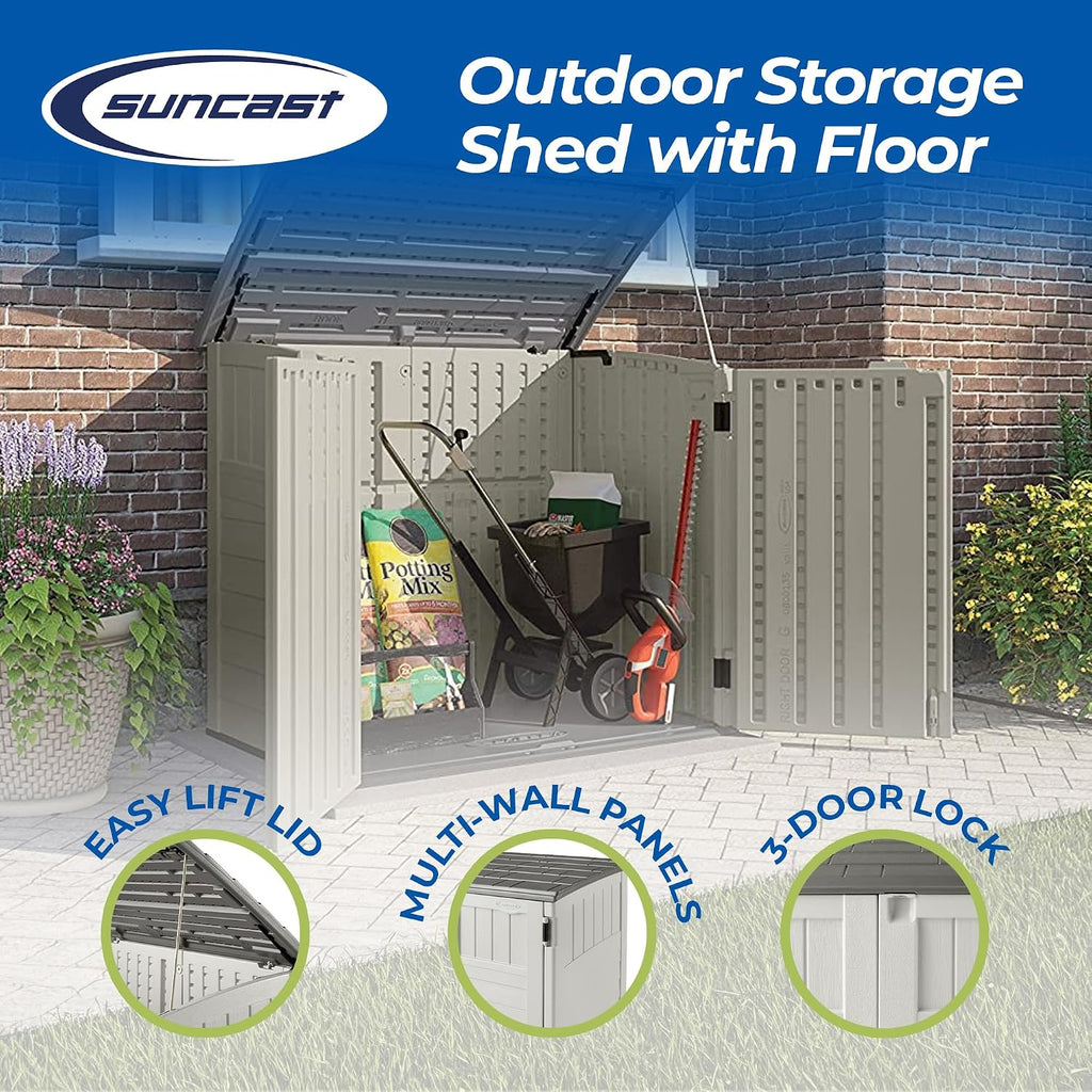 Suncast BMS2500 53 x 31.5 x 45.5 Inch Horizontal Resin Outdoor Storage Shed Bundled with 2 Pack BMSBSKT2PK 25 x 7.25 Inch Basket Accessory, Black
