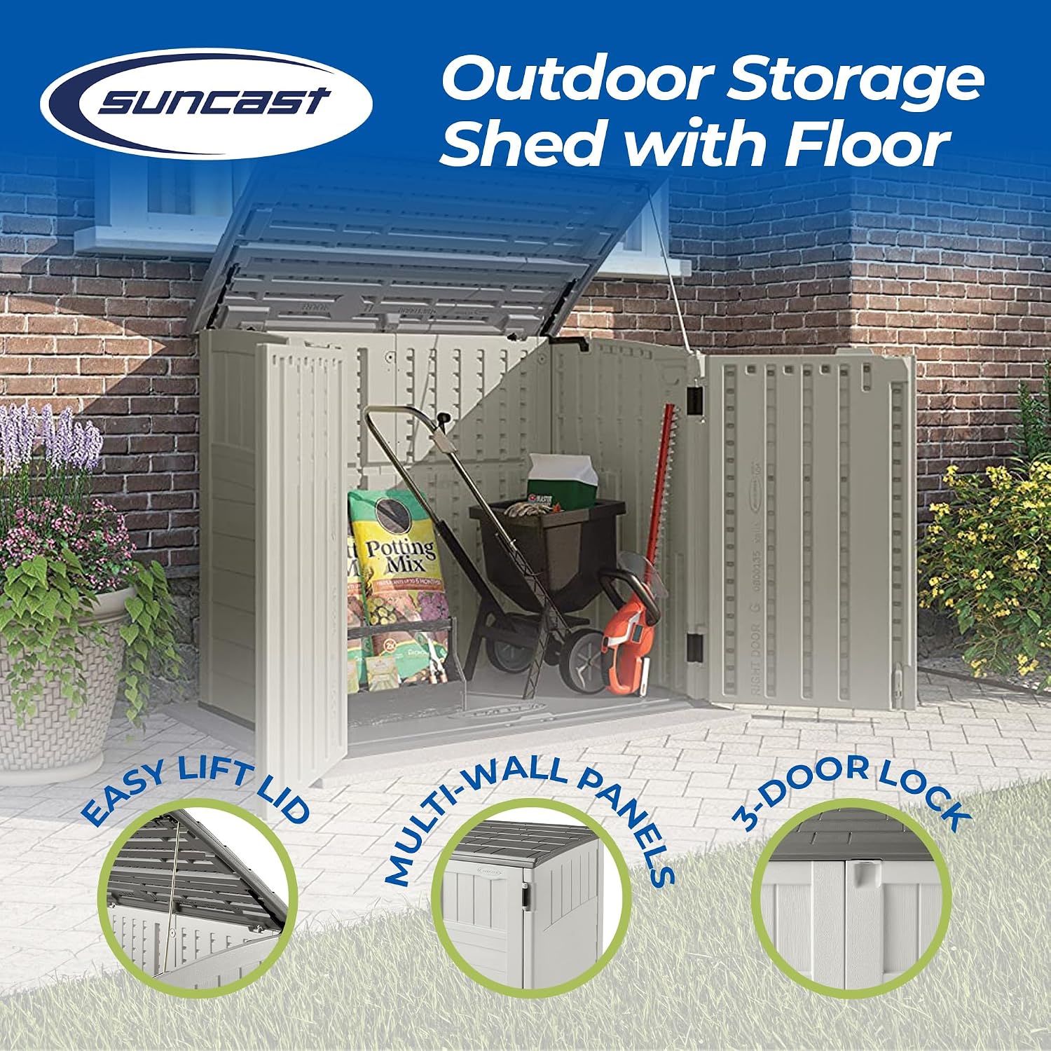 Suncast BMS2500 53 x 31.5 x 45.5 Inch Horizontal Resin Outdoor Storage Shed Bundled with 2 Pack BMSBSKT2PK 25 x 7.25 Inch Basket Accessory, Black