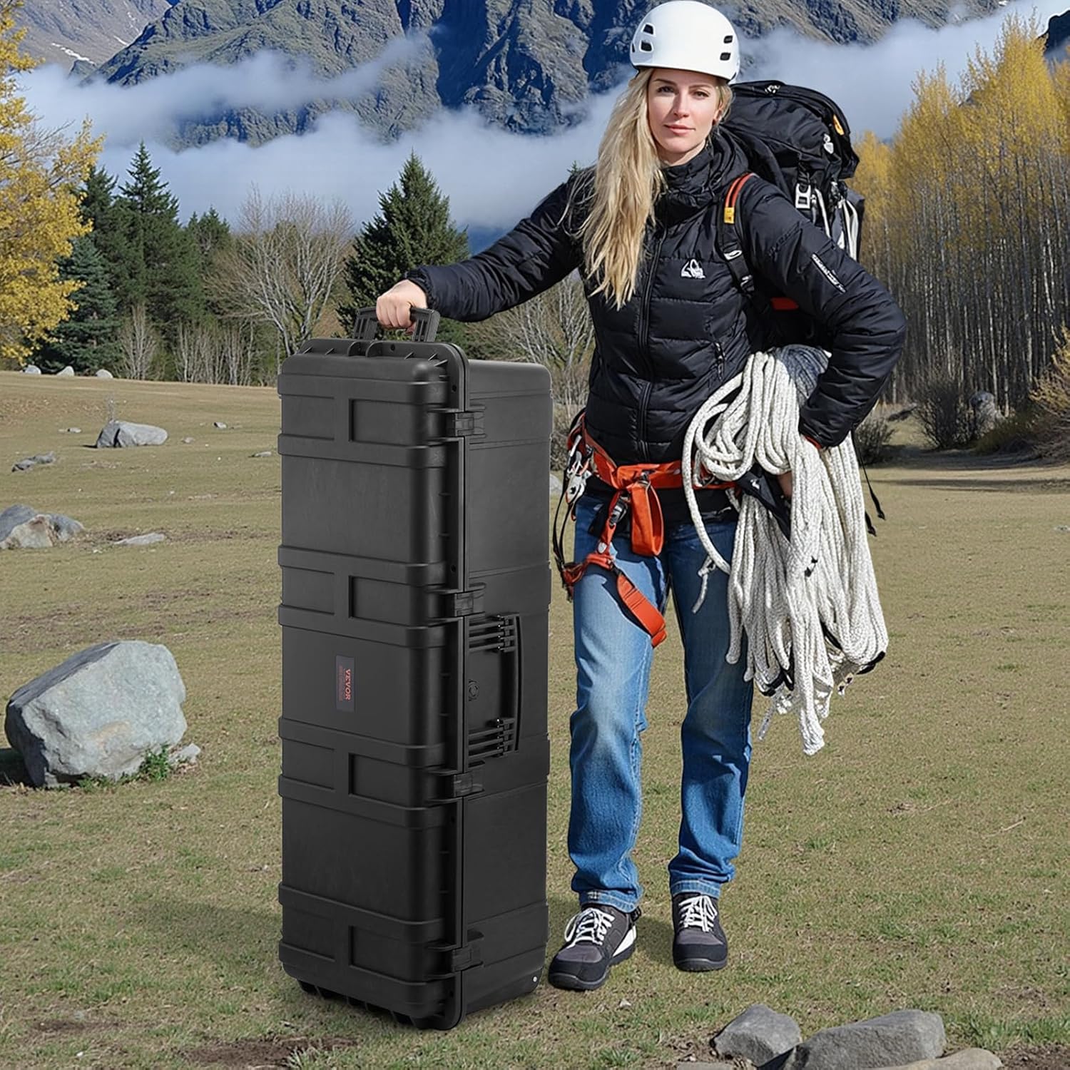 VEVOR Weatherproof Hard Case, Heavy Duty Protective Dry Box Case with Pre-Cut Foam Retractable Pull Handles for Travel, Hunt, Military, Tactical, IP67 Waterproof Case for Cameras(44.09*15.94*13.46)