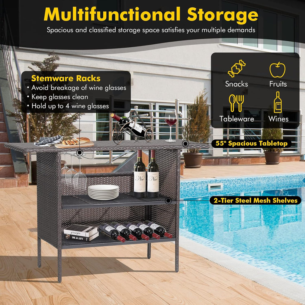 Giantex Outdoor Patio Wicker Bar Table, 2 Storage Shelves, 55''W Tabletop, Rails for Hanging Wine Glasses, Heavy-Duty Metal Frame, Bistro Rattan Bar Counter Table for Poolside Backyard (Mix Brown)
