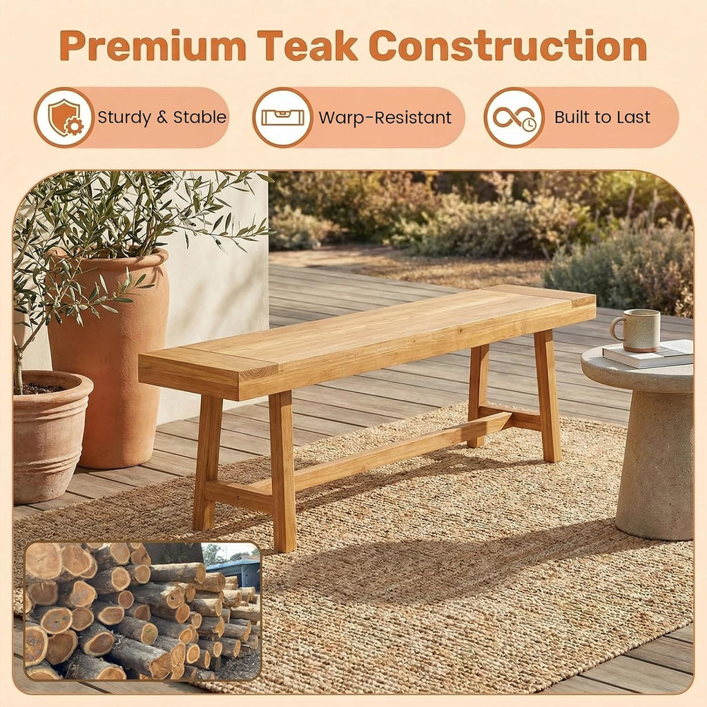 Tangkula 63-Inch Teak Wood Outdoor Bench Backless, Farmhouse Long Patio Dining Bench, 3-Person Dining Bench with Angled Legs for Dining, Entryway, Outside Wood Bench for Balcony, Backyard & Garden (1)