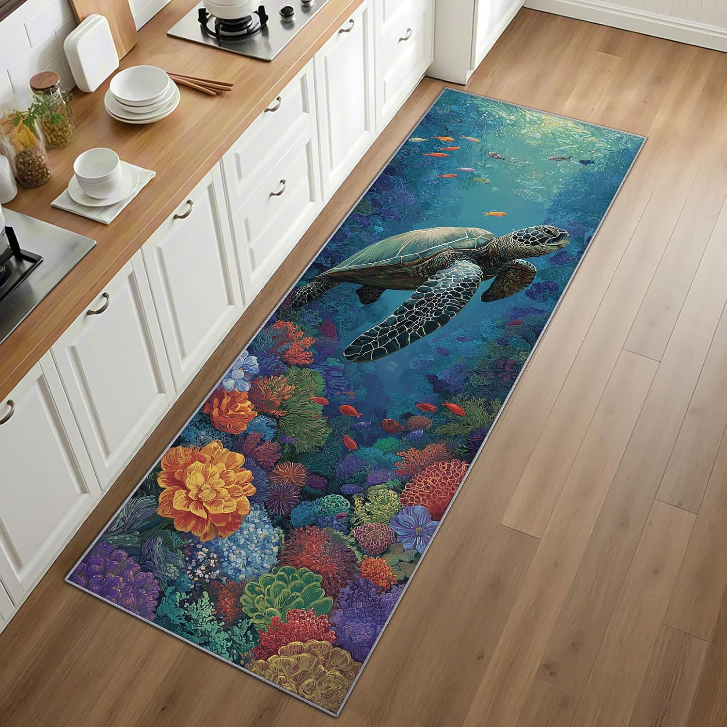 Sea Turtle Rug Runner 3x10 - Washable Non Slip Runner Rug for Hallway - Fish Coral Underwater Kitchen Rugs - Coastal Ocean Animal Carpet Runners for Hallway, Laundry Room, Bedroom, Bathroom