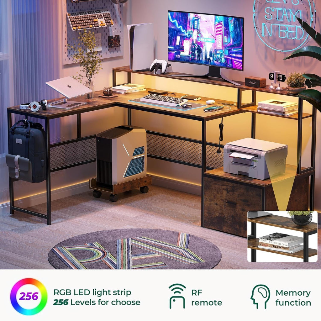 L Shaped Desk with Drawers, 66' Home Office Desk with Power Outlet and Led Strip, Reversible Computer Desk with Storage Shelves & Monitor Stand, Large Corner Desk Gaming Desk, Rustic Brown