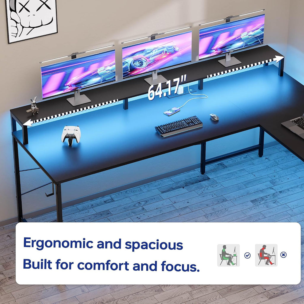 Pamray 64 Inch L Shaped Gaming Desk with Power Outlets and Led Lights, Large Corner Computer Desk with Monitor Stand and Pegboard, PC Table for Home Office and Bedroom White
