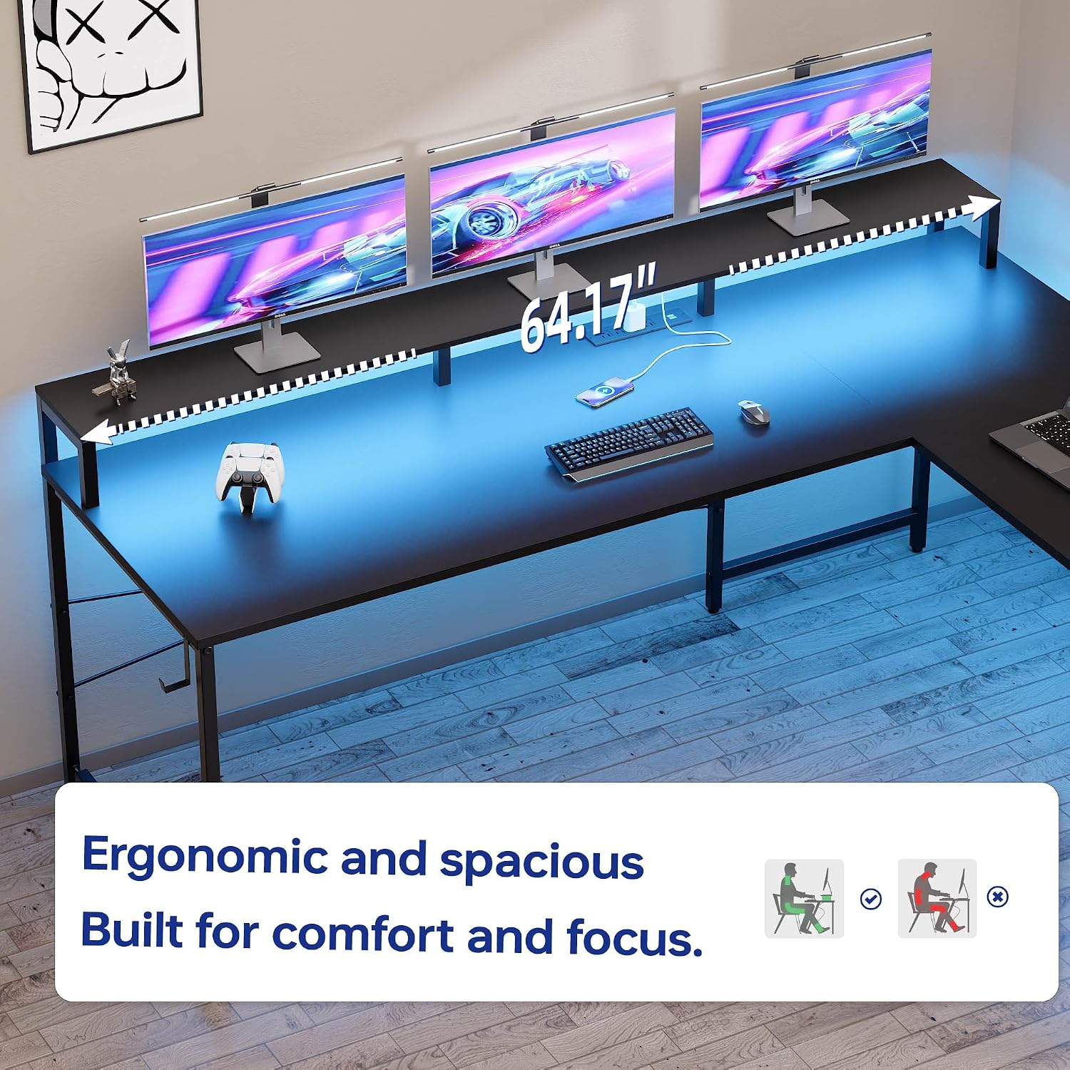 Pamray 64 Inch L Shaped Gaming Desk with Power Outlets and Led Lights, Large Corner Computer Desk with Monitor Stand and Pegboard, PC Table for Home Office and Bedroom White