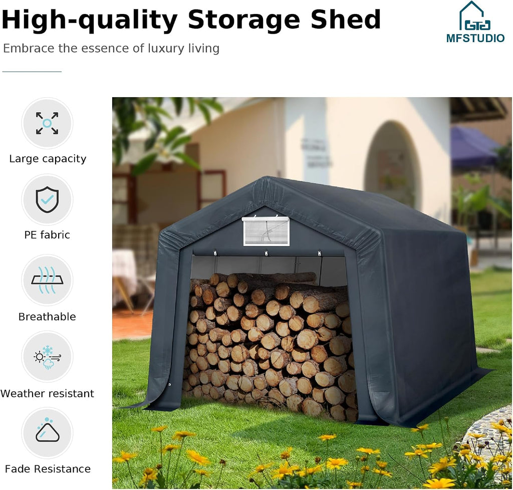 MFSTUDIO 10x15 Portable Carport, Garage Outdoor Portable Storage Shelter Carports with Rolled up Zipper Doors, Garages Sheds Tent for Vehicles, Motorcycle and Outdoor Tools