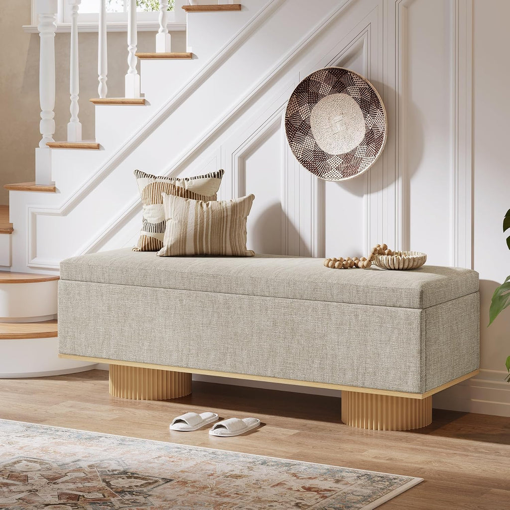 Tribesigns 50.39' Storage Bench with Padded Seat Cushion, Upholstered Shoe Bench with Flip Up Storage for Bedroom, Living Room, Entryway, Load up to 330 lb, Beige + Wood Color