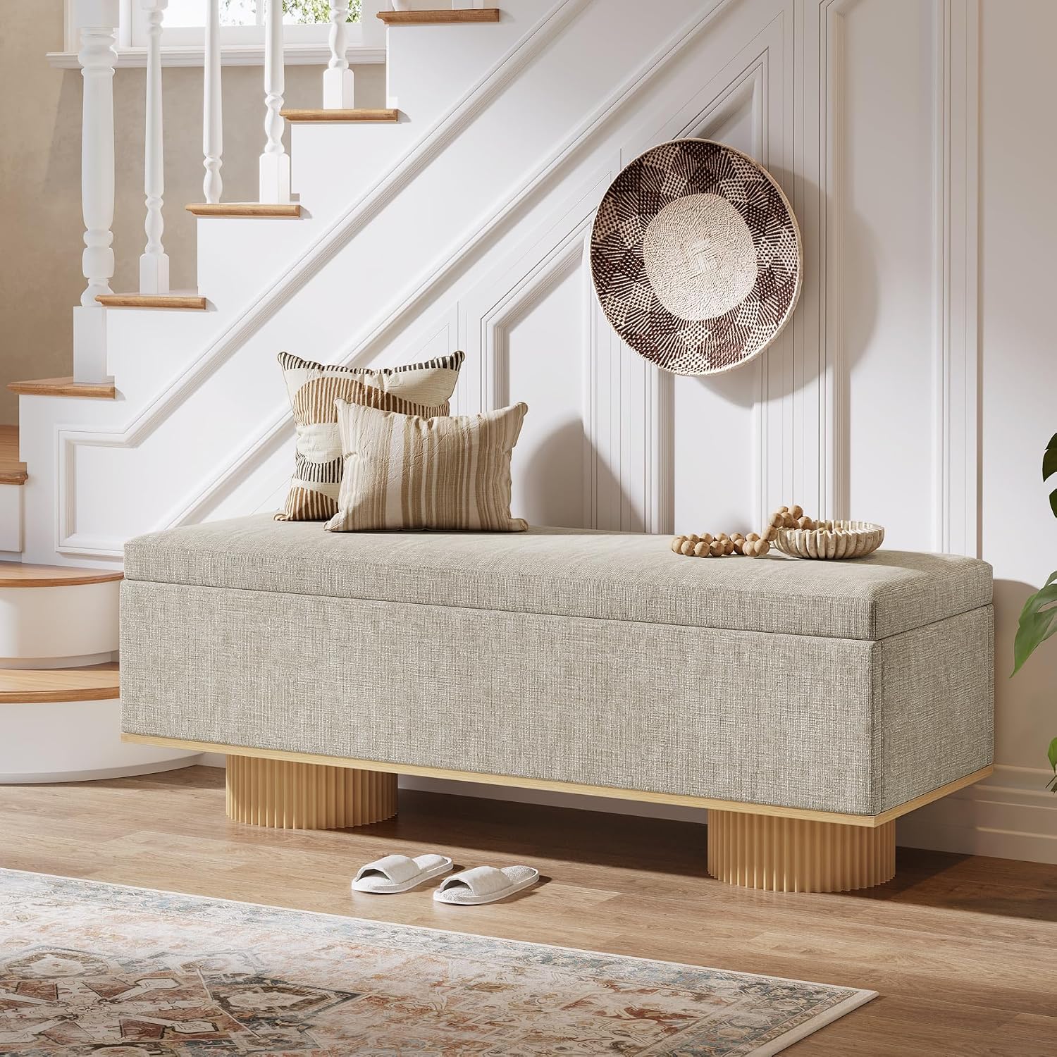 Tribesigns 50.39' Storage Bench with Padded Seat Cushion, Upholstered Shoe Bench with Flip Up Storage for Bedroom, Living Room, Entryway, Load up to 330 lb, Beige + Wood Color
