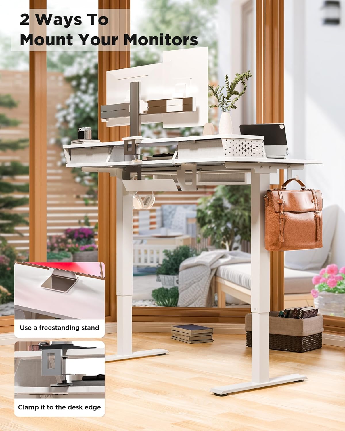 FiCiHi Electric Standing Desk with Four Drawers, 40 x 24 Inch Adjustable Height Sit Stand Desk, C-Clamp Compatible Home Office Desk with Storage Shelf & Monitor Stand Riser, White