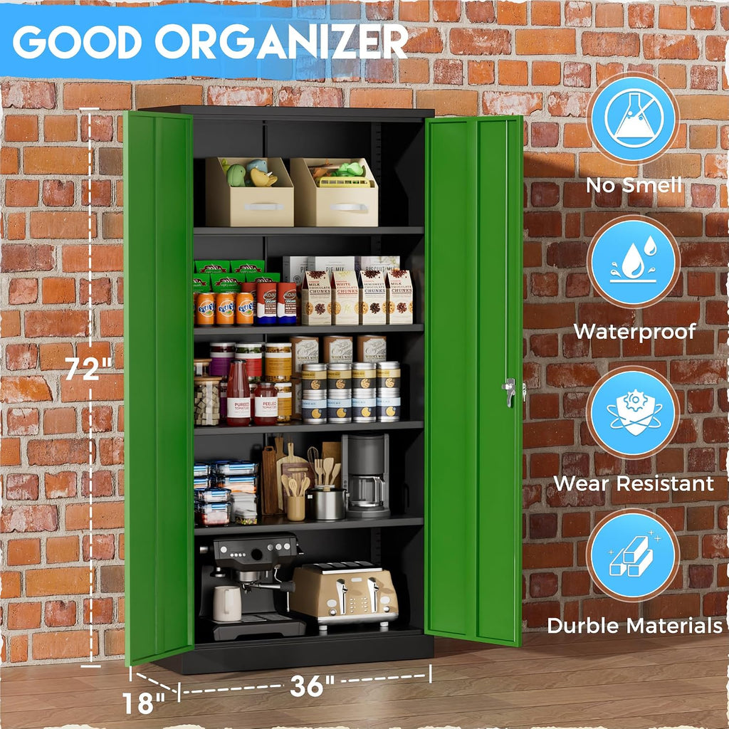 Greenvelly Metal Storage Cabinet,72' Steel Storage Cabinets with Doors and Adjustable Shelves, Metal Tool Cabinets, Locking File Cabinet for Home Office, Garage, School (Black Green36 Wx18 D)
