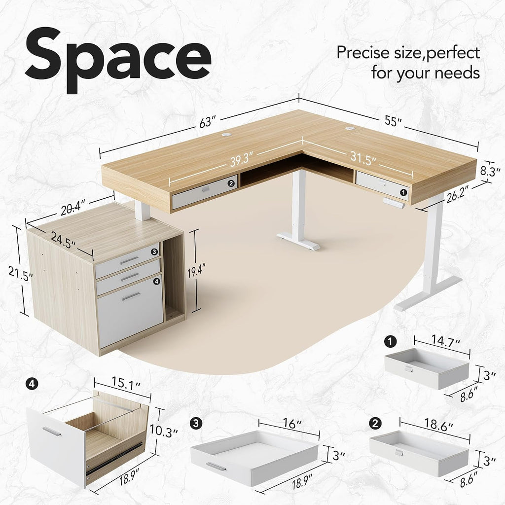 HUANUO Electric L Shaped Standing Desk with 2 Storage Drawers & File Cabinet, 63'' x 53'' Height Adjustable Corner Standing Desk, Computer Desk with Cable Management Tray, Light Walnut