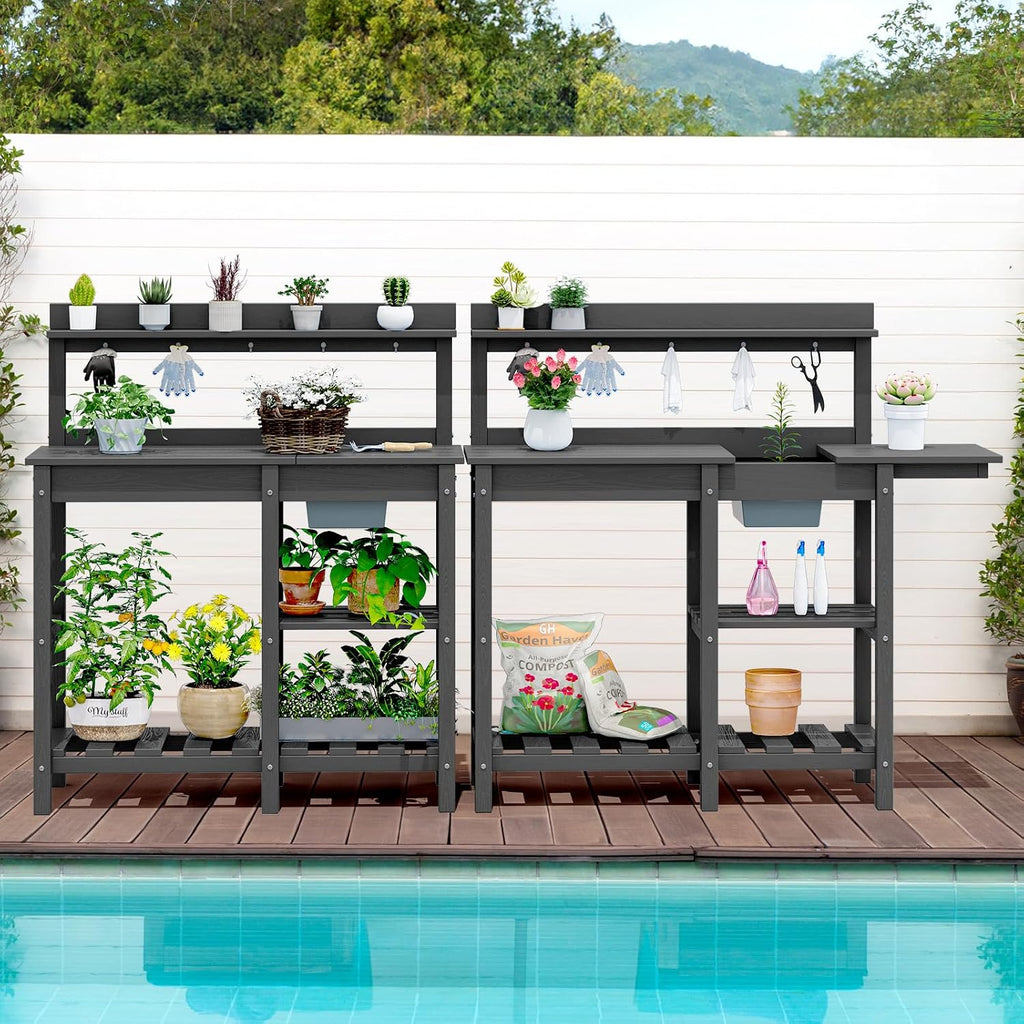 SERWALL Outdoor Potting Bench with Removeable Sink,Rot-Resistant HDPE Potting Table for Outside Gardening, All Weather Use - Gray