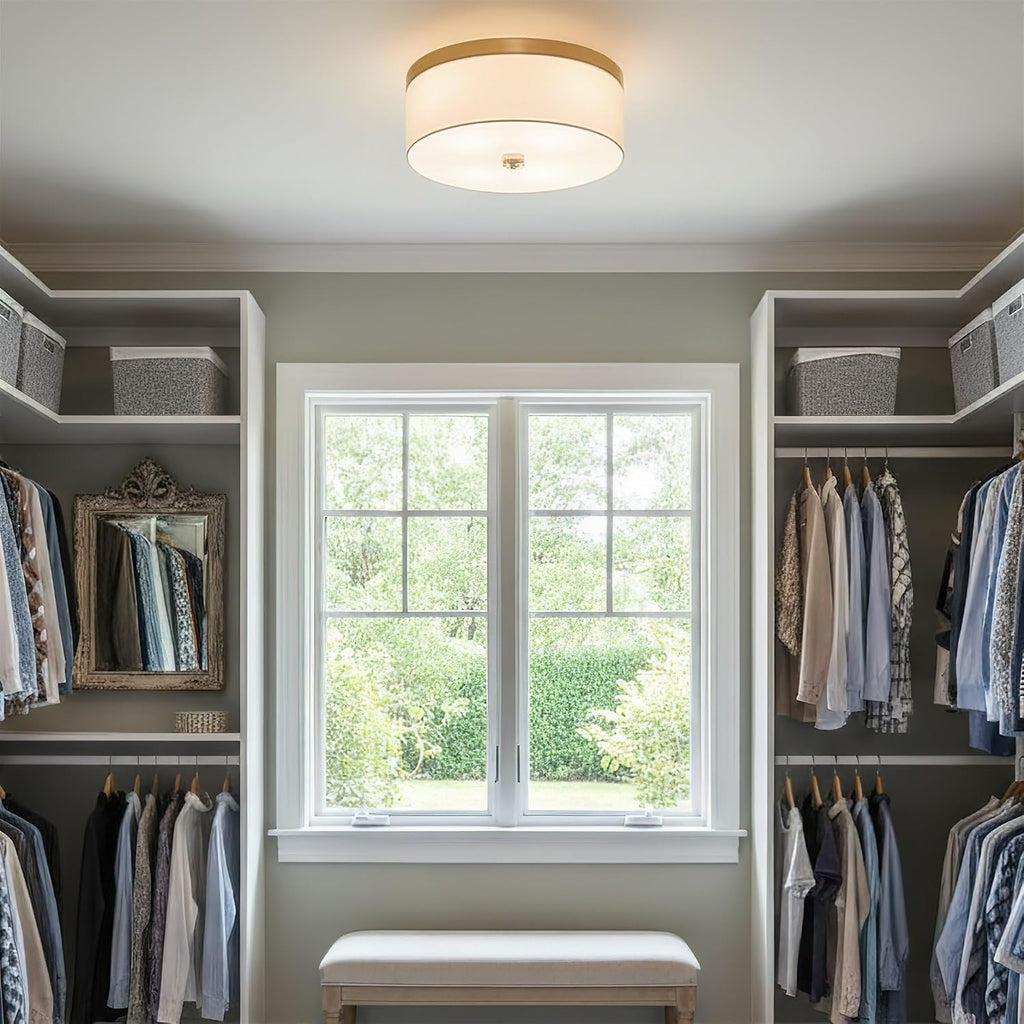Kira Home Walker 15' Modern Drum Gold Flush Mount Ceiling Light, White Fabric Shade with Frosted Glass Diffuser, 3-Light Close to Ceiling Fixture, Cool Brass Finish