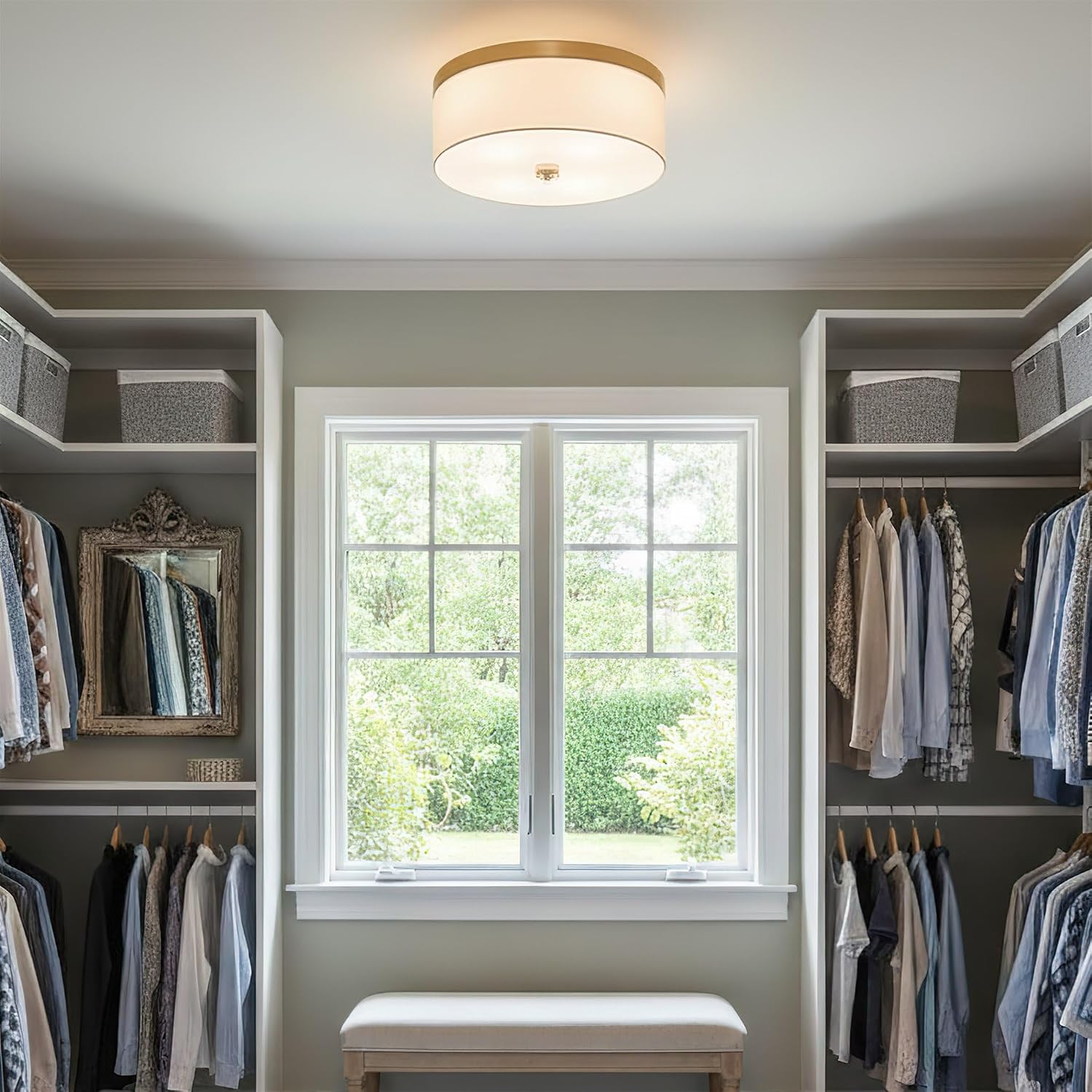 Kira Home Walker 15' Modern Drum Gold Flush Mount Ceiling Light, White Fabric Shade with Frosted Glass Diffuser, 3-Light Close to Ceiling Fixture, Cool Brass Finish