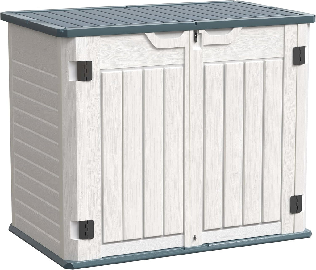 Amopatio Premium Resin 35 Cu Ft Outdoor Storage Shed, Horizontal Resin Trash Can Storage, Weather Resistance Outdoor Cabinet W/Lock Shed for Garbage Cans, Garden Tools, Lawn Mowers,Patio,White