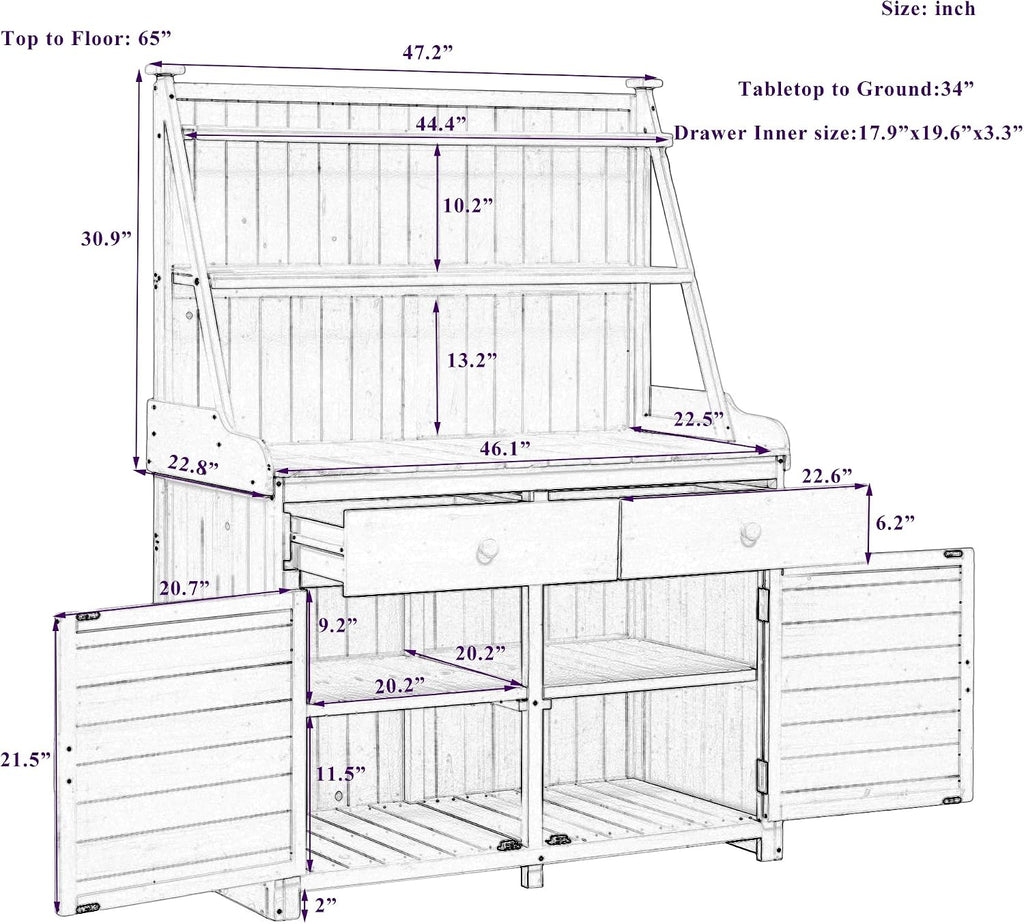 JIVOIT Modern 65inch Garden Potting Bench Table, Fir Wood Workstation with Three-Tier Storage Shelf, Two Drawer and Cabinet, Large Gardening Workstation for Outdoor Space