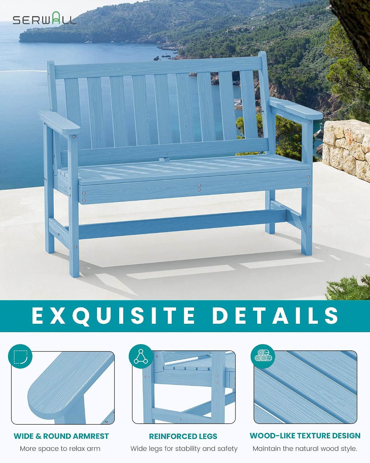 SERWALL Outdoor Bench, HDPE Outdoor Benches Weatherproof, 2-Person Garden Bench with 660 lbs Weight Capacity, Patio Benches for Outdoors, Garden, Porch, Backyard and Park, Light Blue