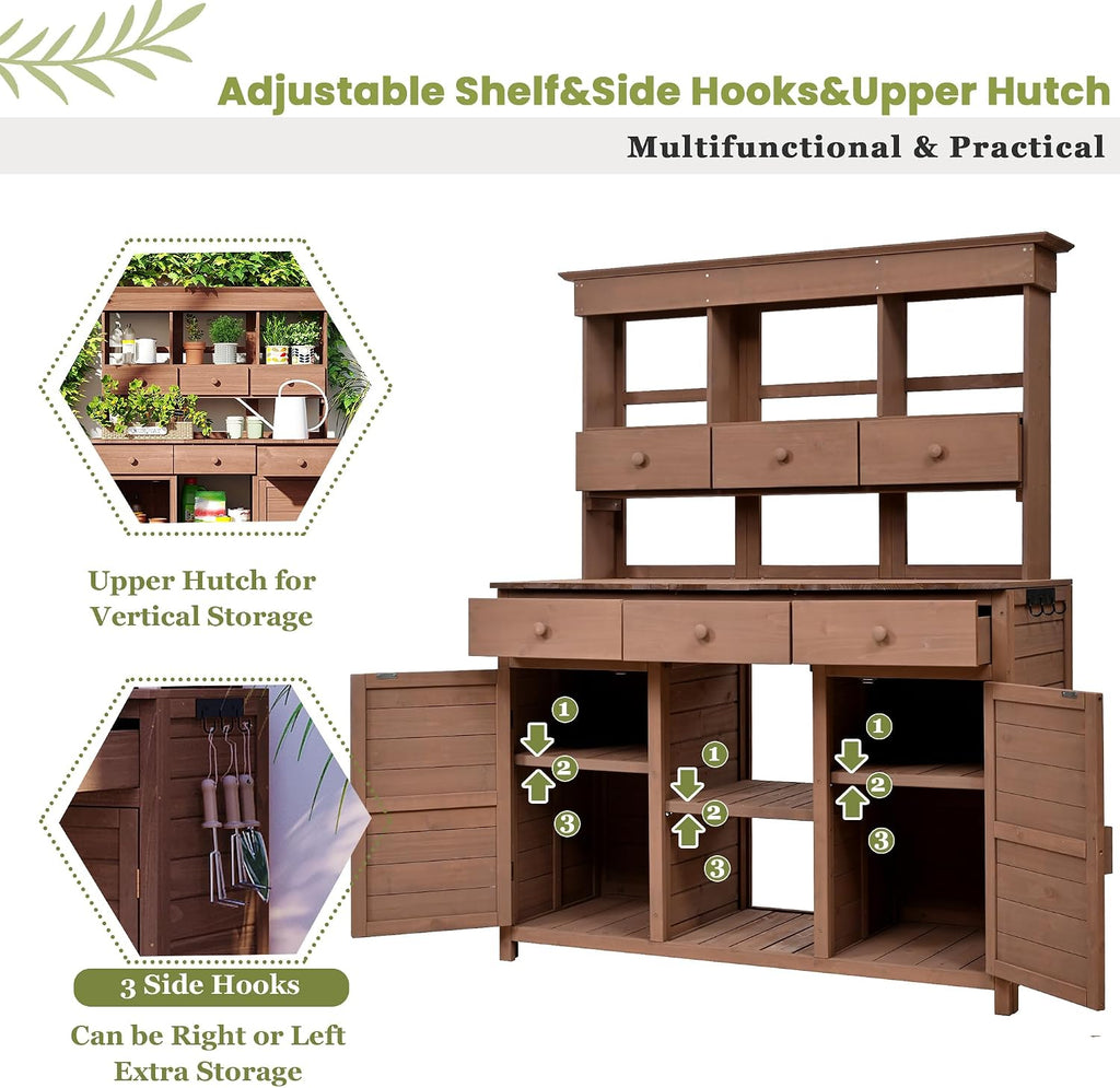 JIVOIT Outdoor Wood Workstation Table, 65.7'' H Tall Garden Potting Bench Table with Hutch, 3 Shelves, 6 Drawers, 2 Bottom Cabinets & Side Hooks, Patio Storage Workstation for Mudroom, Doorway