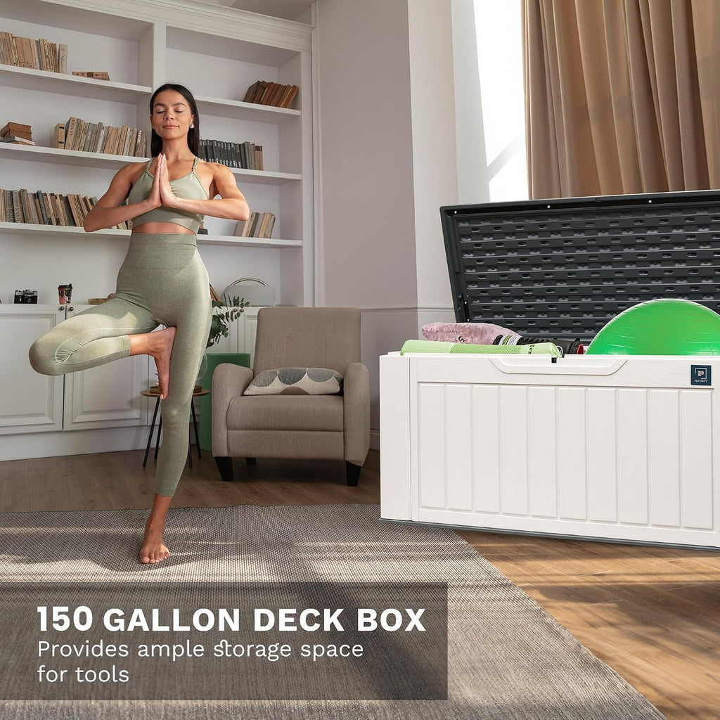 230 Gallon Large Deck Box, Durable Waterproof Resin Deck Box for Patio Furniture, Garden Tools, Pool Storage (White, 150Gallon)